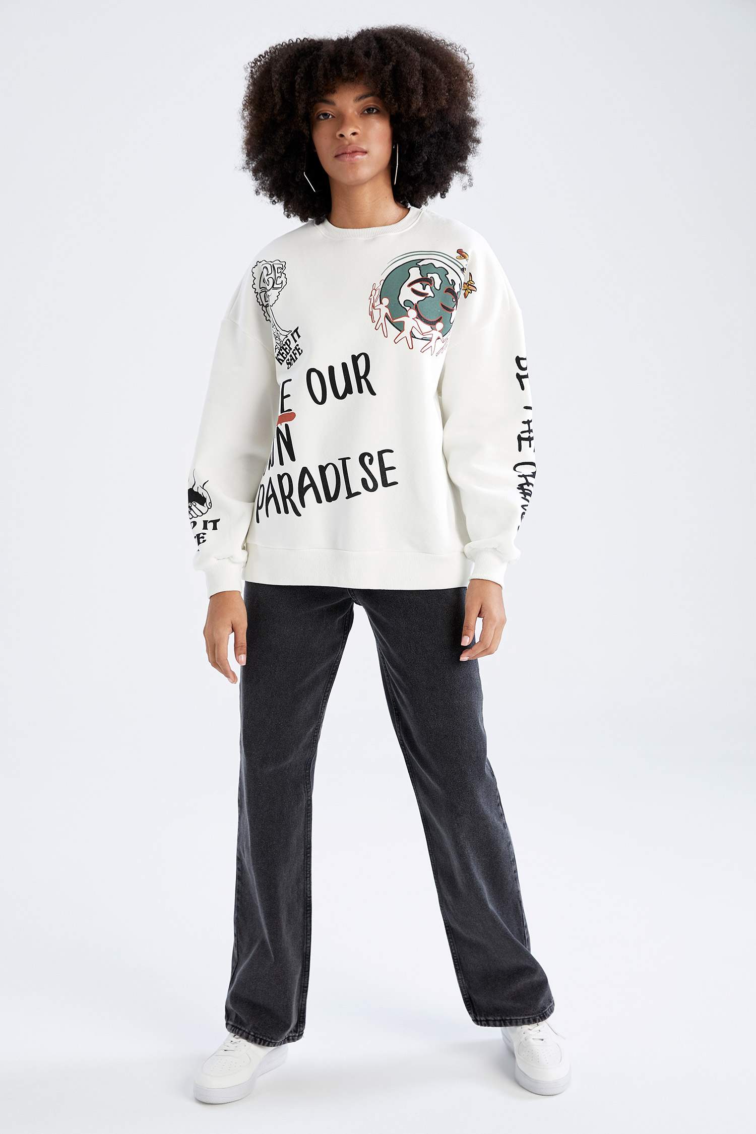 Slogan Desenli Oversize Bisiklet Yaka Uzun Kollu Sweatshirt