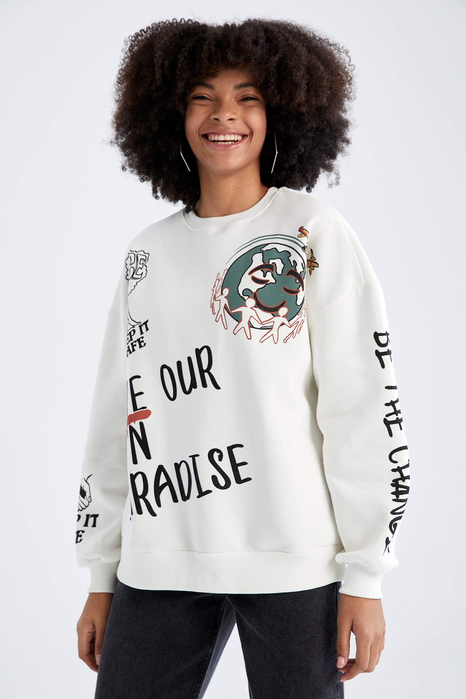 Slogan Desenli Oversize Bisiklet Yaka Uzun Kollu Sweatshirt