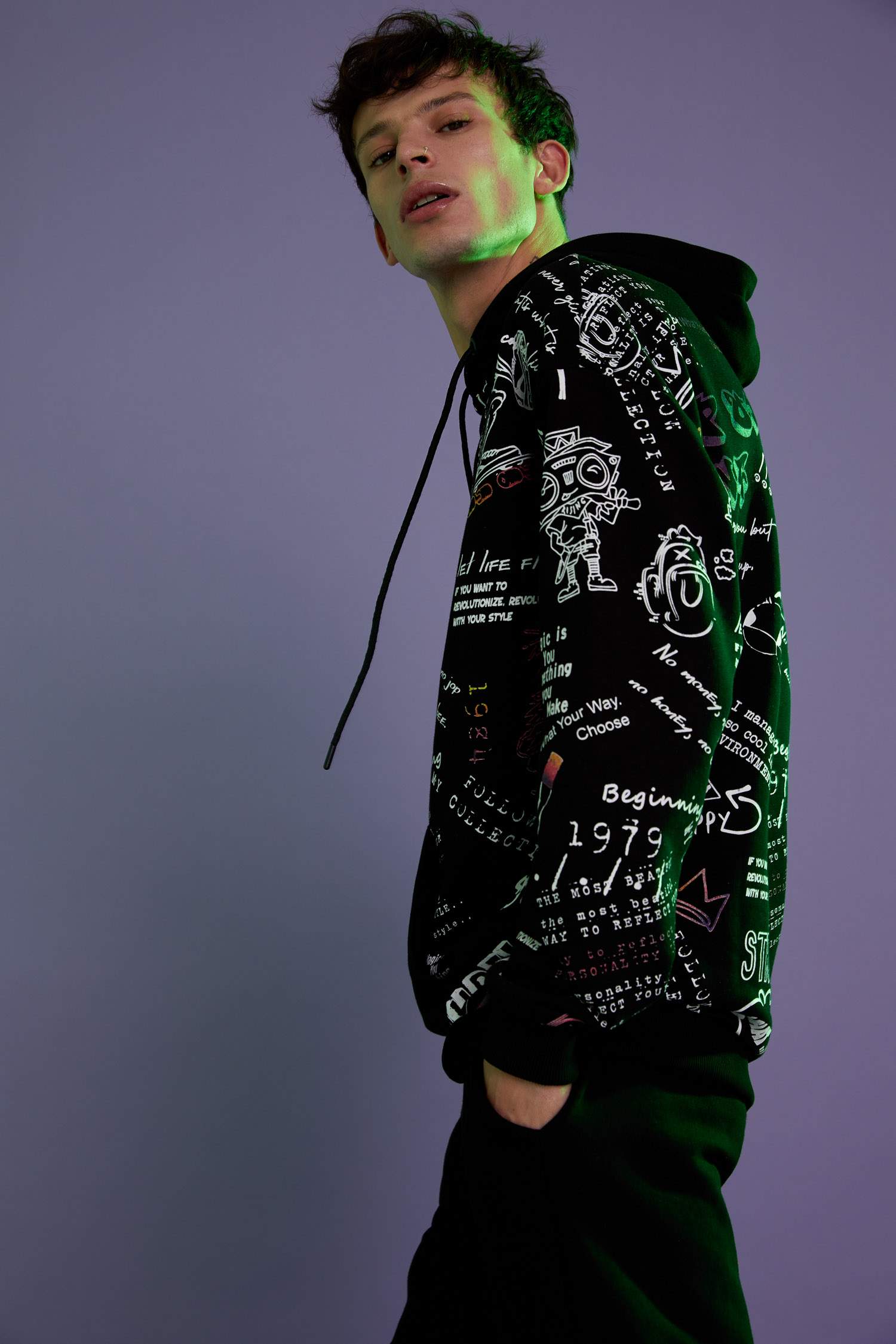 Coool Oversize Fit Kapüşonlu Kanguru Cepli Slogan Desenli Uzun Kollu Sweatshirt