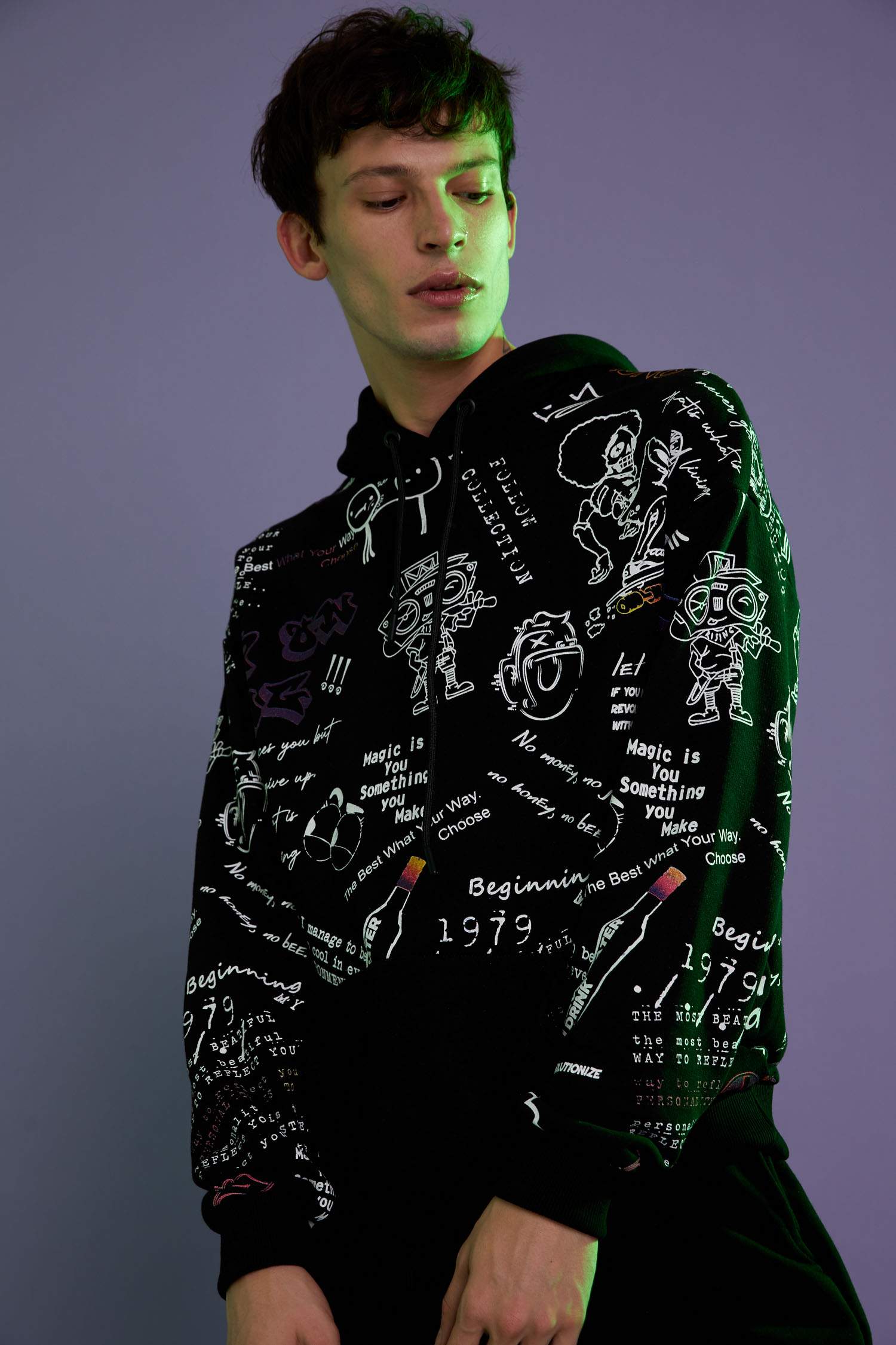 Coool Oversize Fit Kapüşonlu Kanguru Cepli Slogan Desenli Uzun Kollu Sweatshirt
