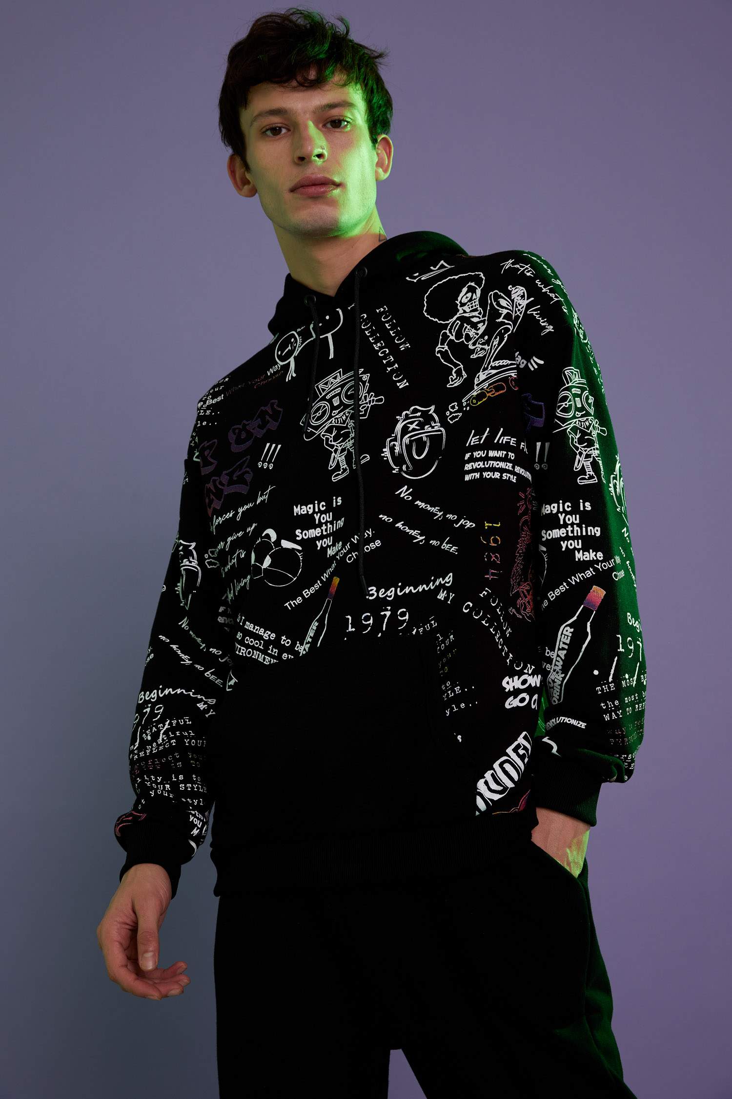Coool Oversize Fit Kapüşonlu Kanguru Cepli Slogan Desenli Uzun Kollu Sweatshirt