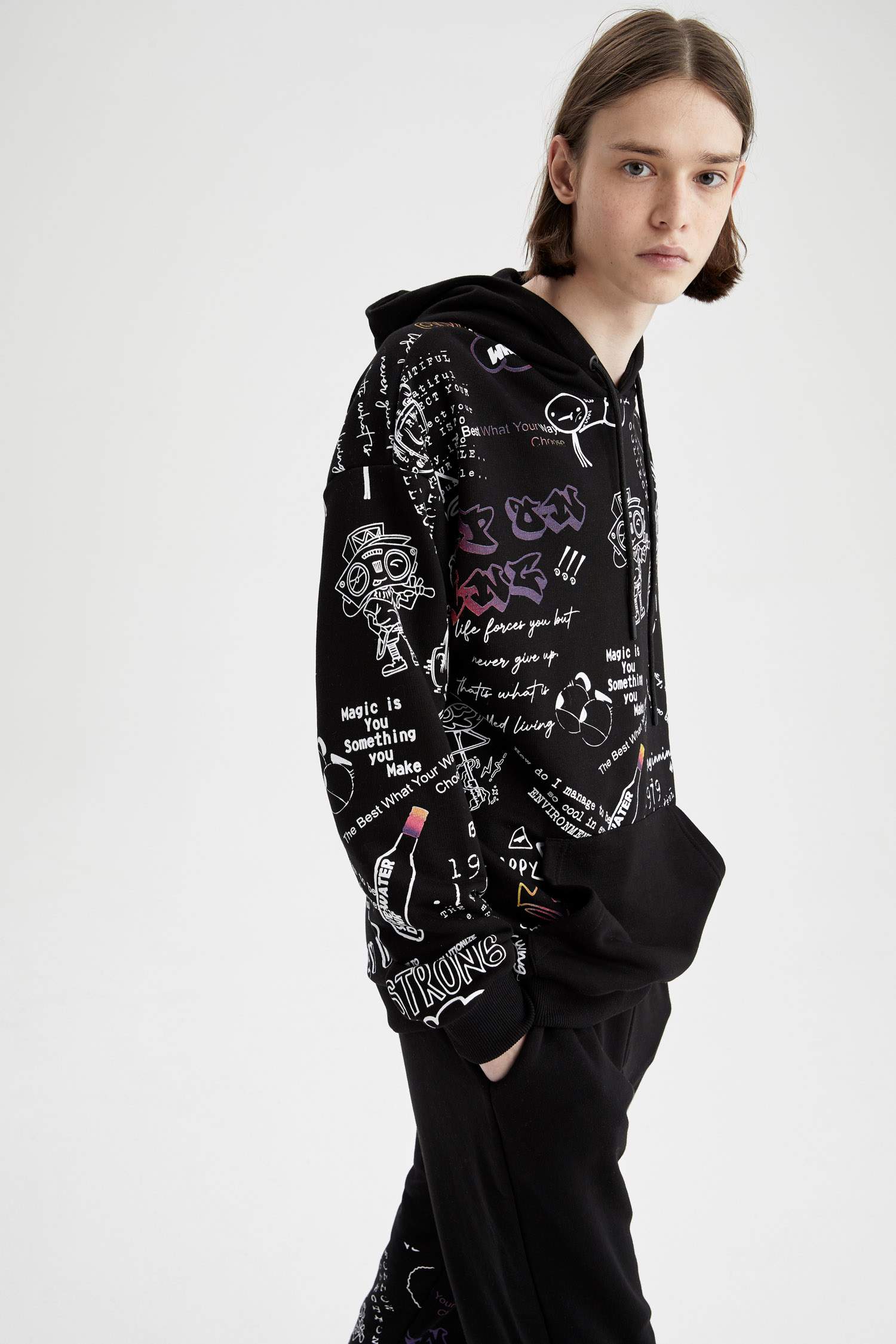 Coool Oversize Fit Kapüşonlu Kanguru Cepli Slogan Desenli Uzun Kollu Sweatshirt