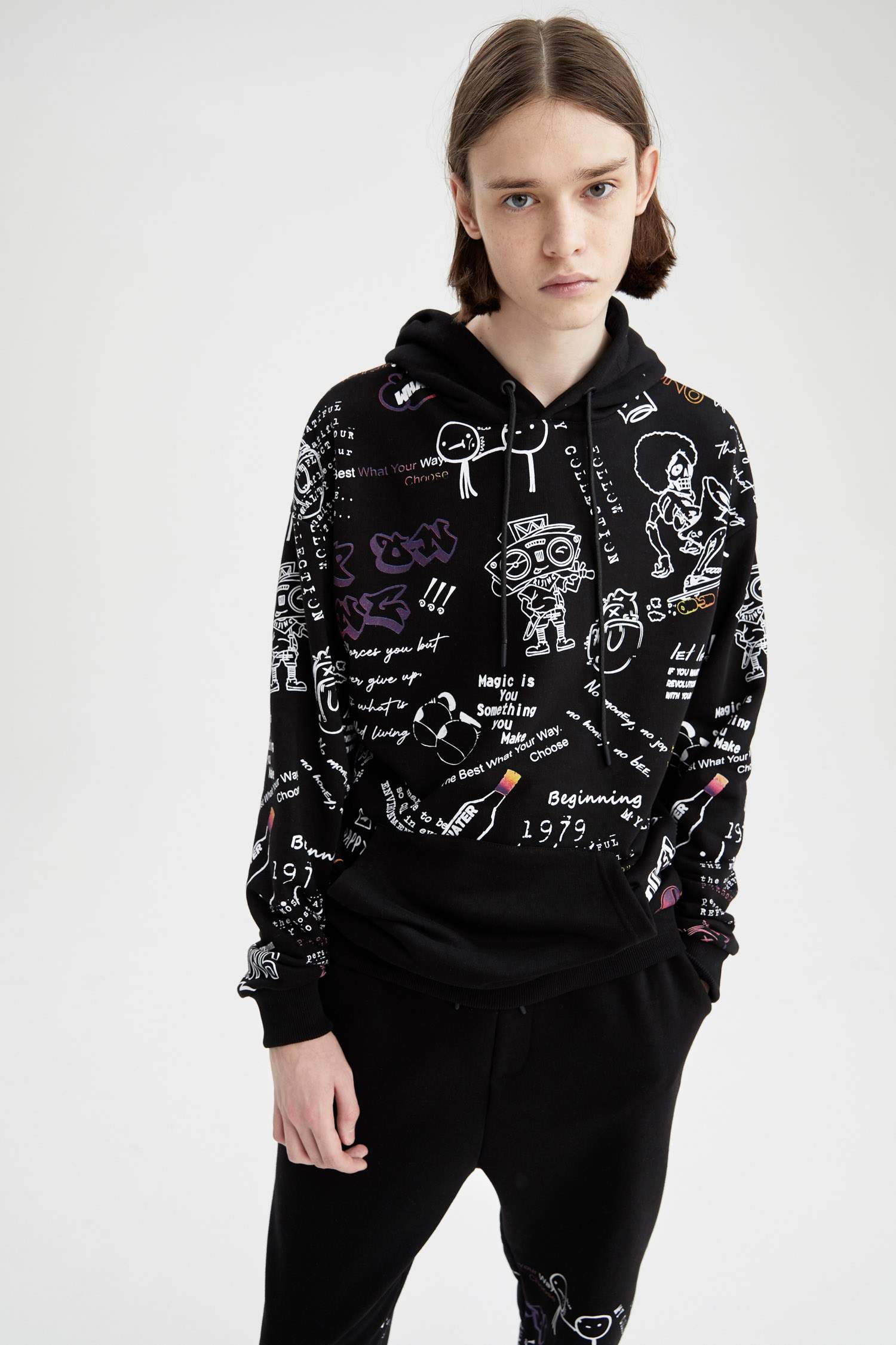 Coool Oversize Fit Kapüşonlu Kanguru Cepli Slogan Desenli Uzun Kollu Sweatshirt