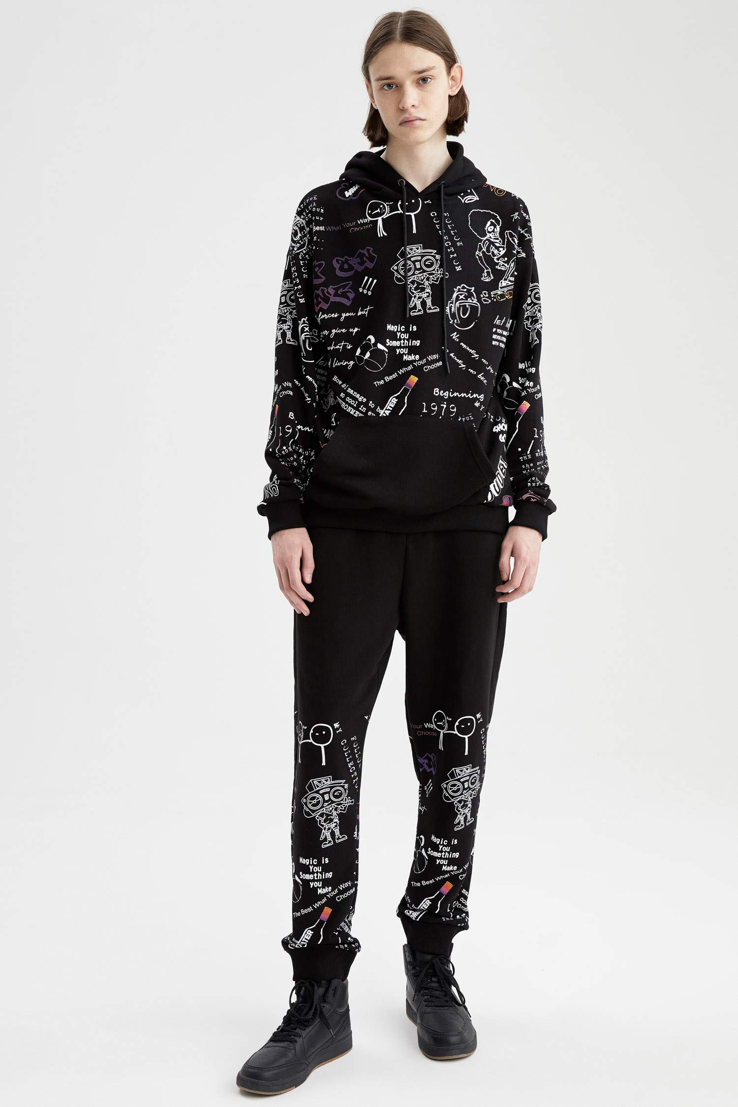 Coool Oversize Fit Kapüşonlu Kanguru Cepli Slogan Desenli Uzun Kollu Sweatshirt