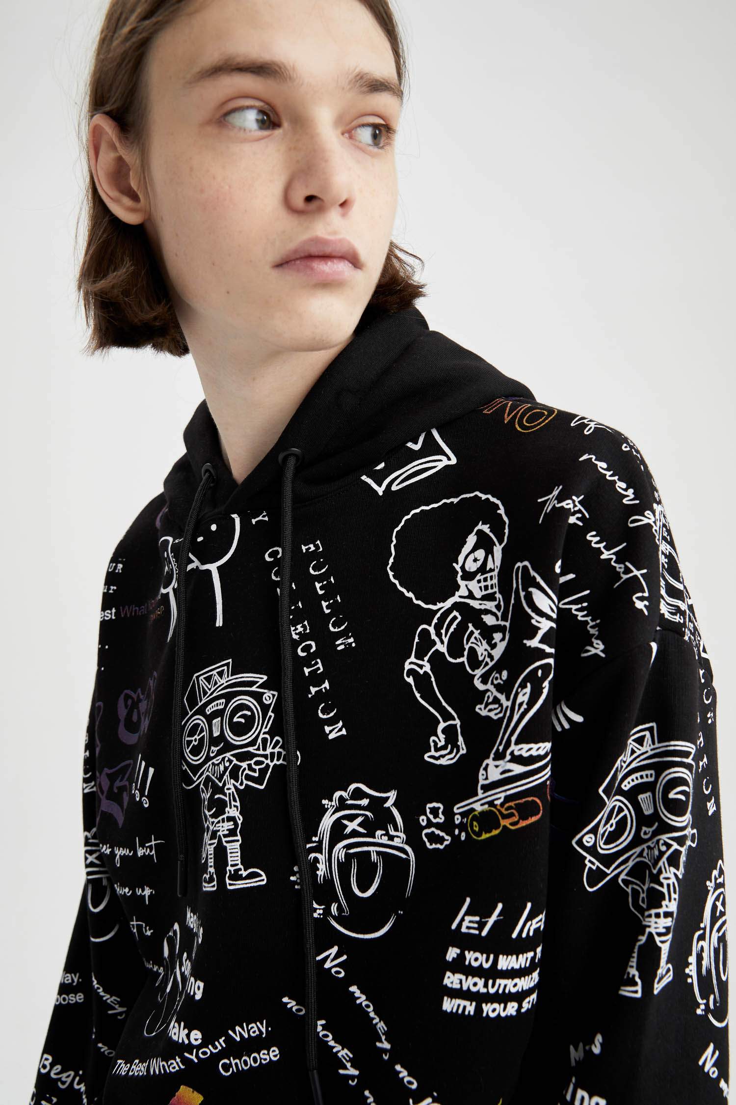 Coool Oversize Fit Kapüşonlu Kanguru Cepli Slogan Desenli Uzun Kollu Sweatshirt