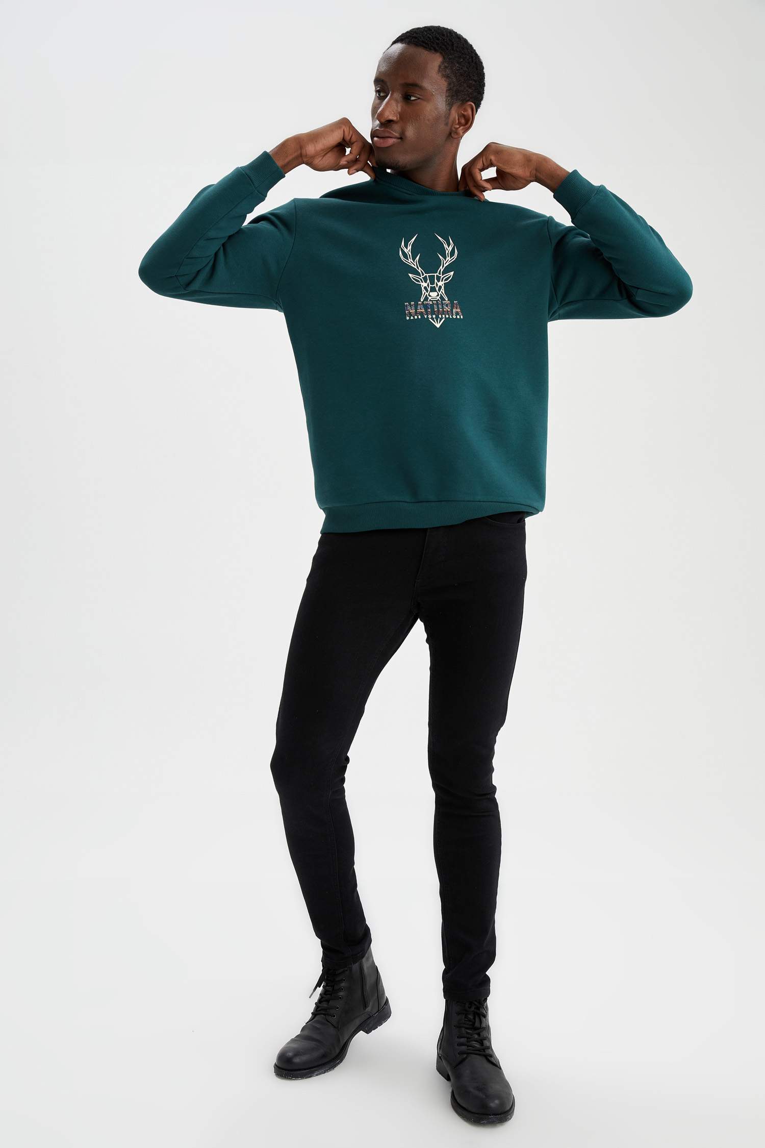 Relax Fit Bisiklet Yaka Baskılı Uzun Kollu Sweatshirt