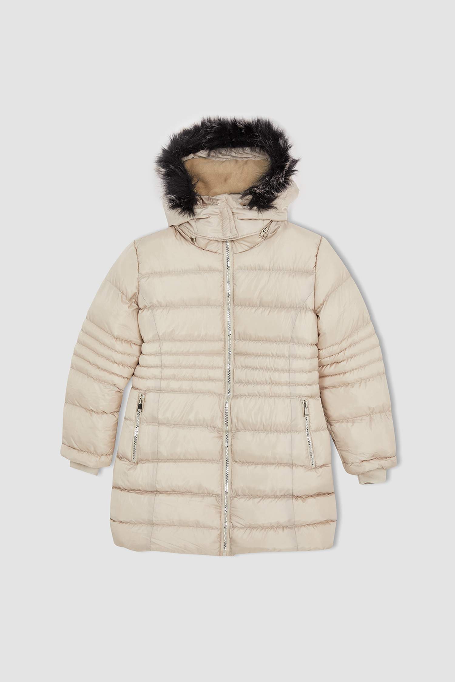Kız Çocuk Kapüşonlu Suni Kürklü Polar Astarlı Kapitone Uzun Parka.