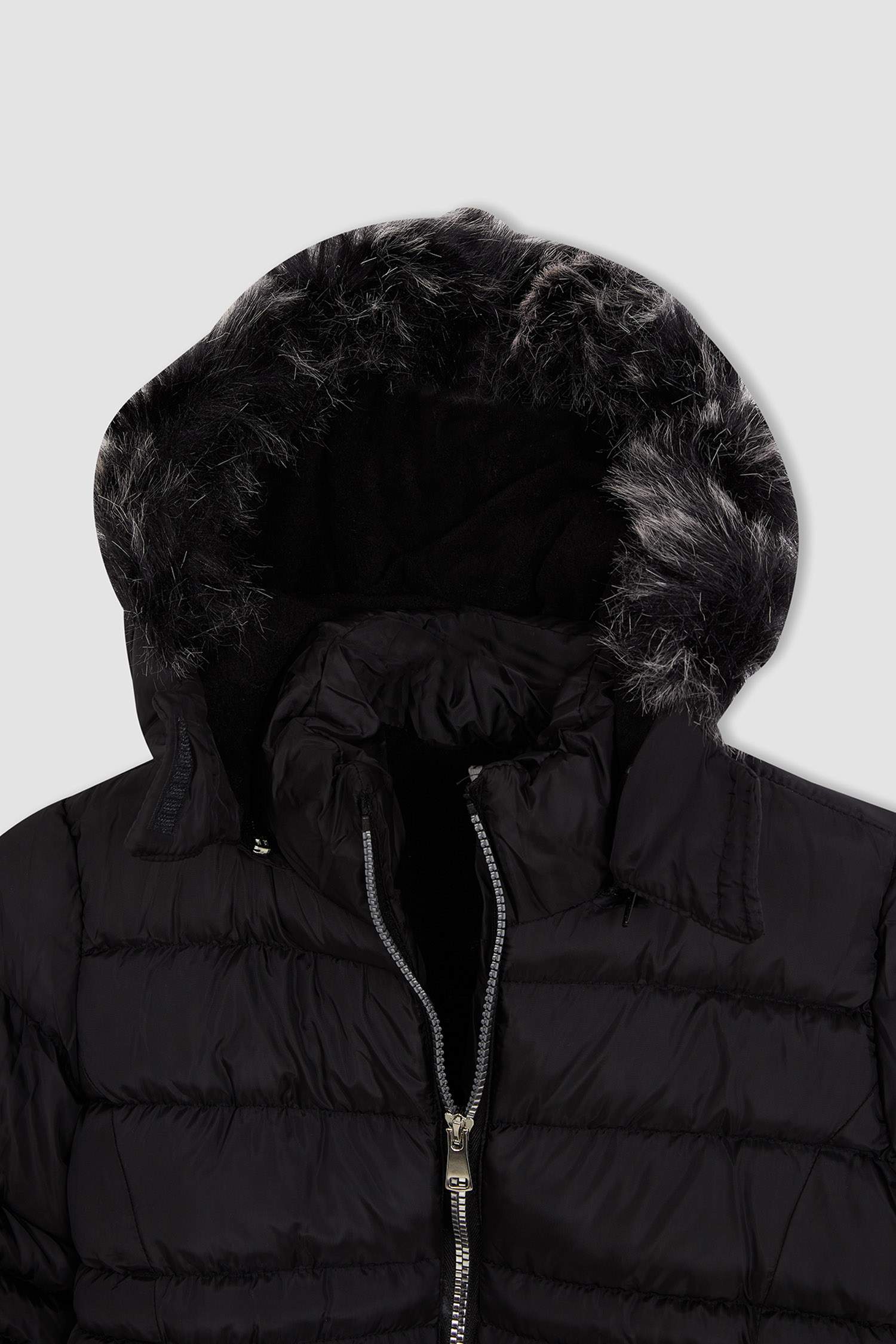 Kız Çocuk Kapüşonlu Suni Kürklü Polar Astarlı Kapitone Uzun Parka.
