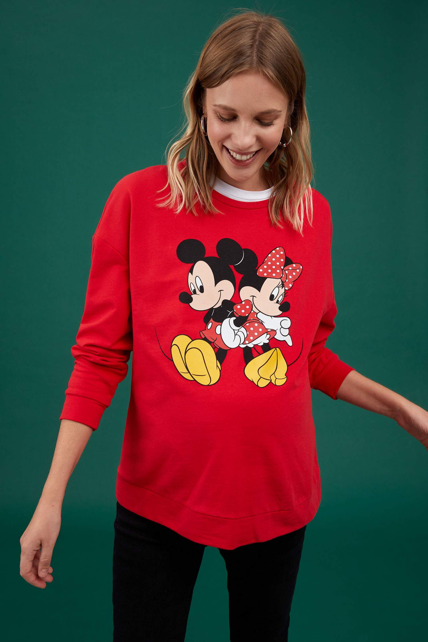Hamile Disney Mickey ve Minnie Lisanslı Bisiklet Yaka Uzun Kollu Tişört
