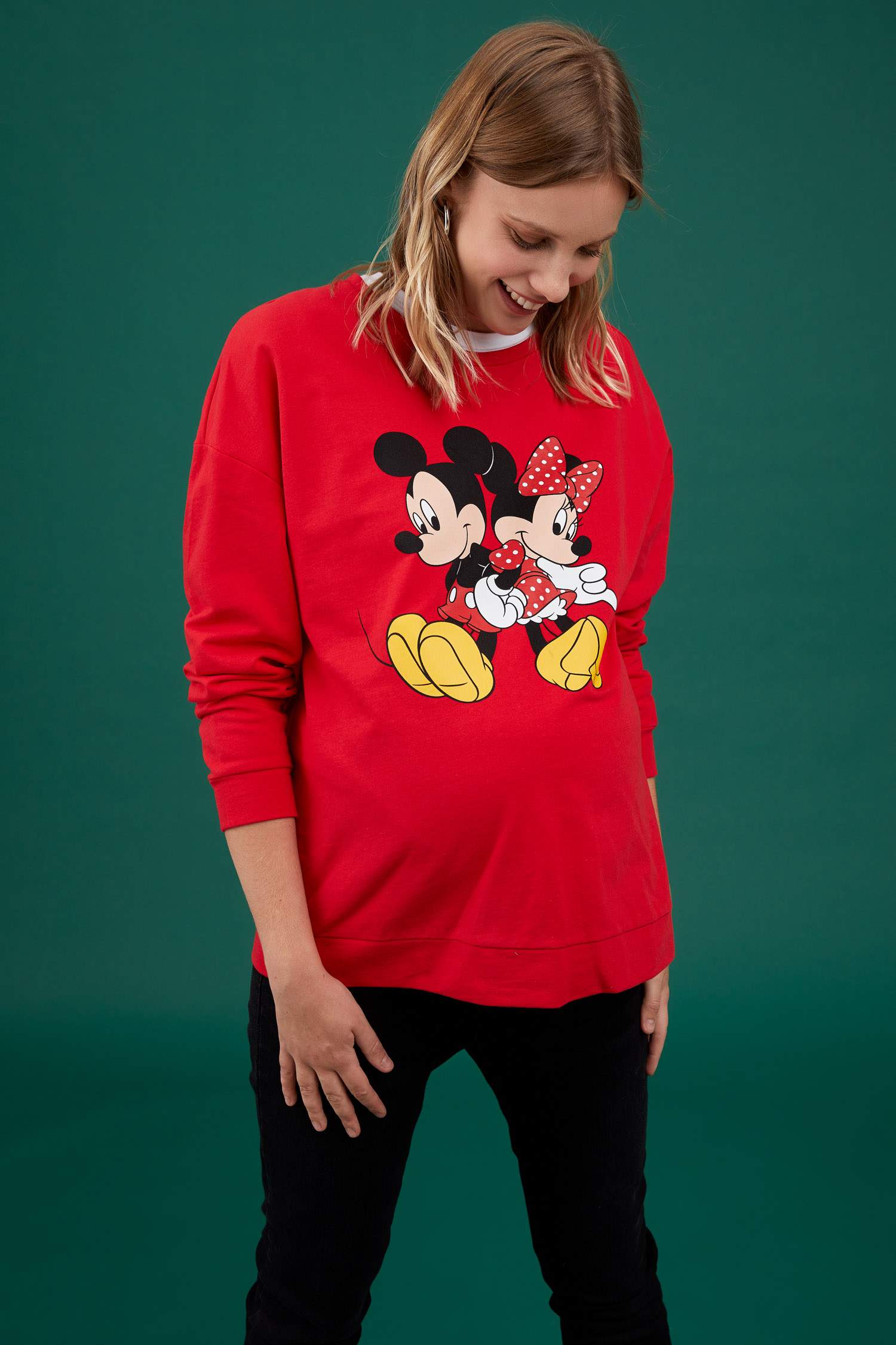 Hamile Disney Mickey ve Minnie Lisanslı Bisiklet Yaka Uzun Kollu Tişört