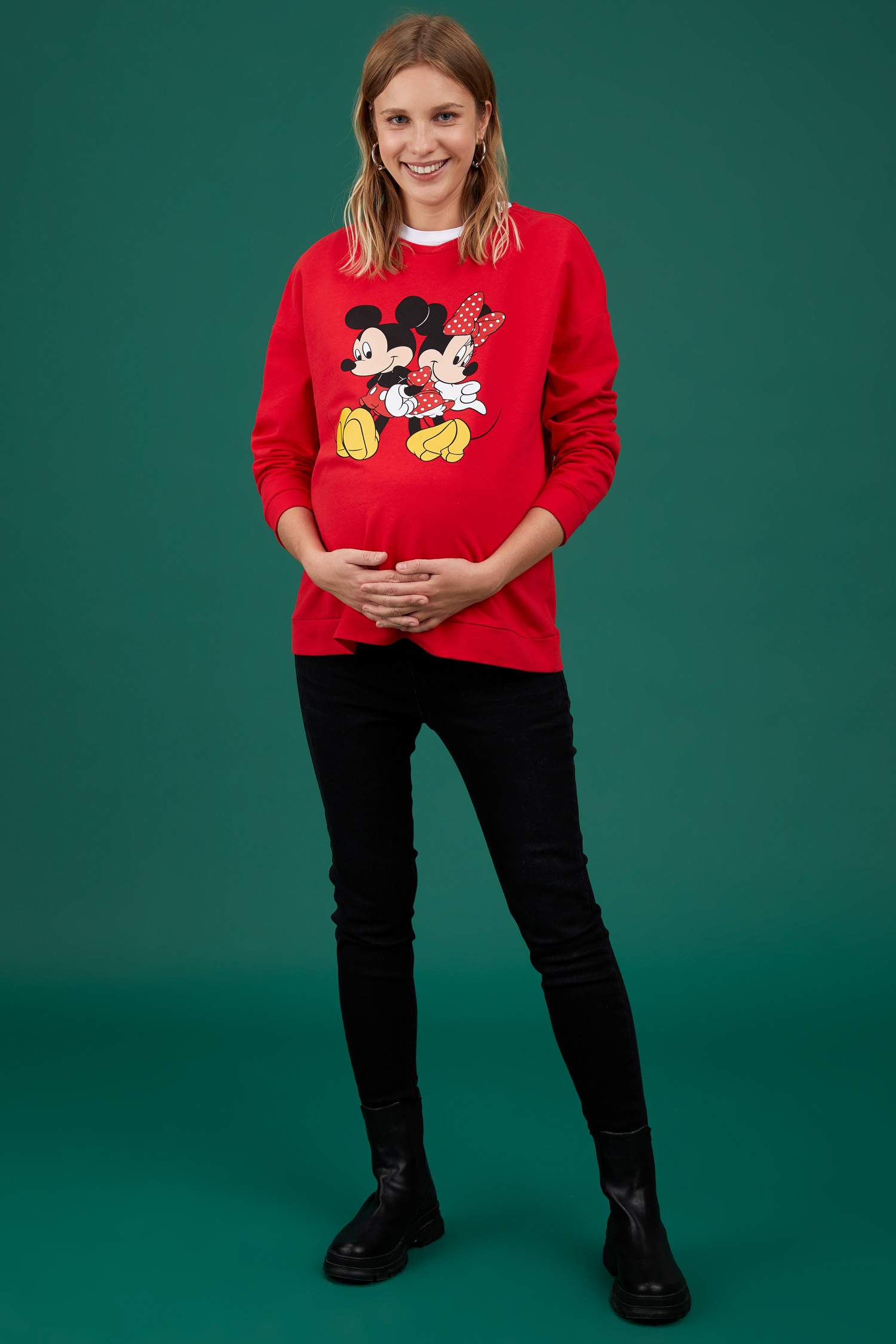 Hamile Disney Mickey ve Minnie Lisanslı Bisiklet Yaka Uzun Kollu Tişört