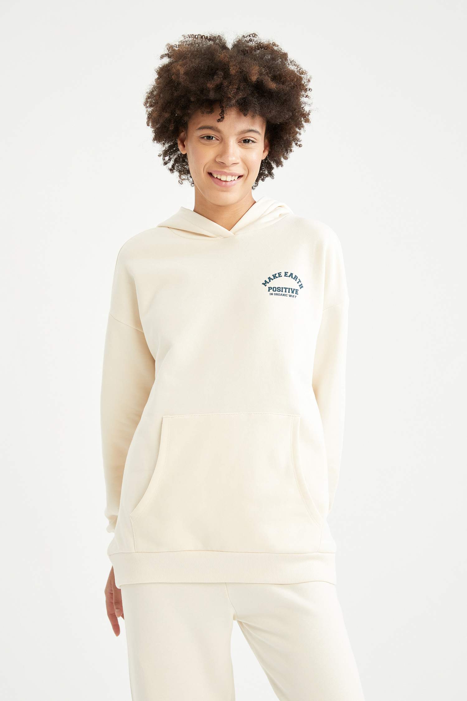 Defacto Fit Oversize Fit Slogan Baskılı Organik Pamuklu Cepli Kapüşonlu Sweatshirt