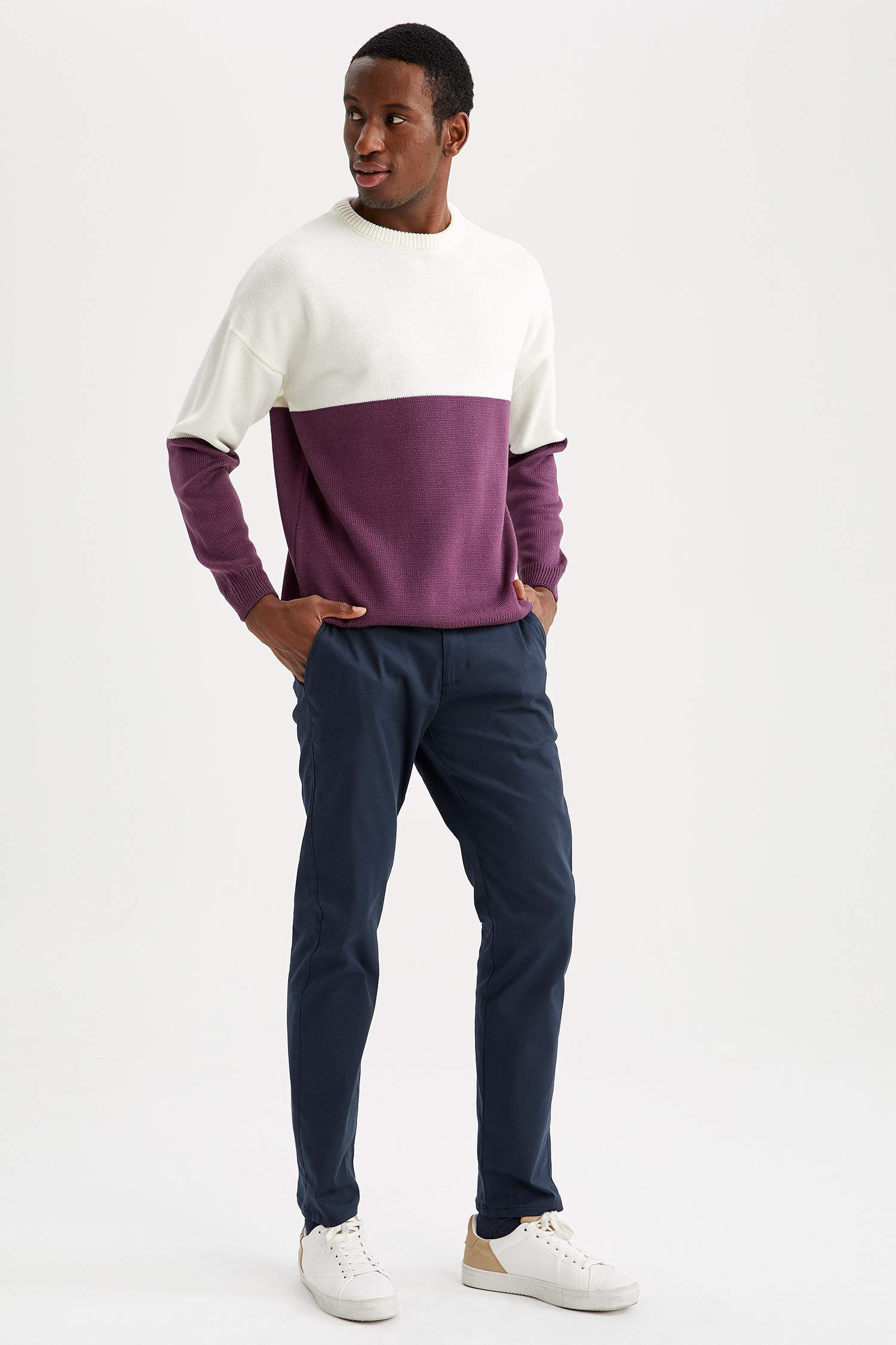 Oversize Fit Bisiklet Yaka Renk Bloklu Triko Kazak