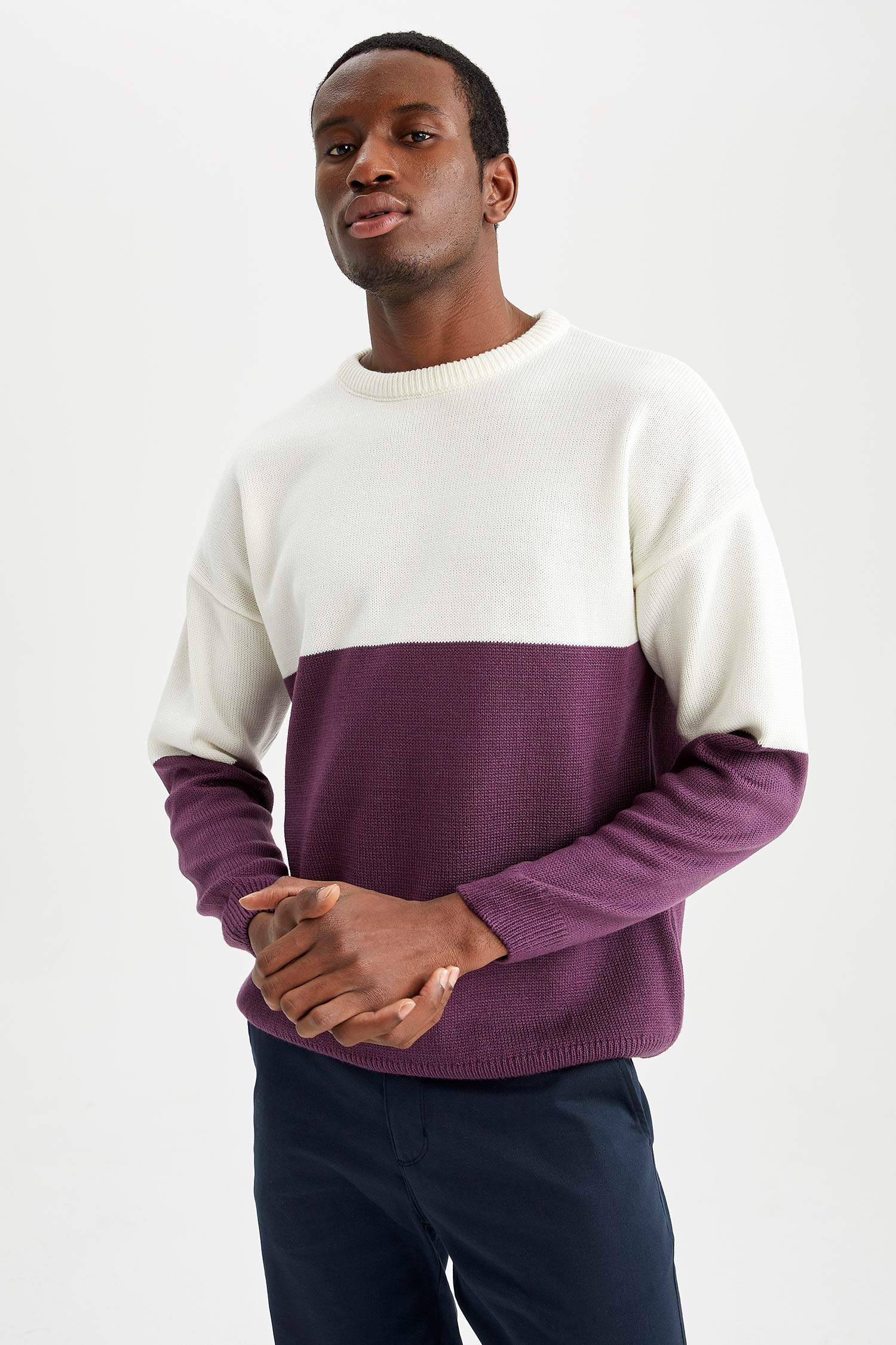 Oversize Fit Bisiklet Yaka Renk Bloklu Triko Kazak