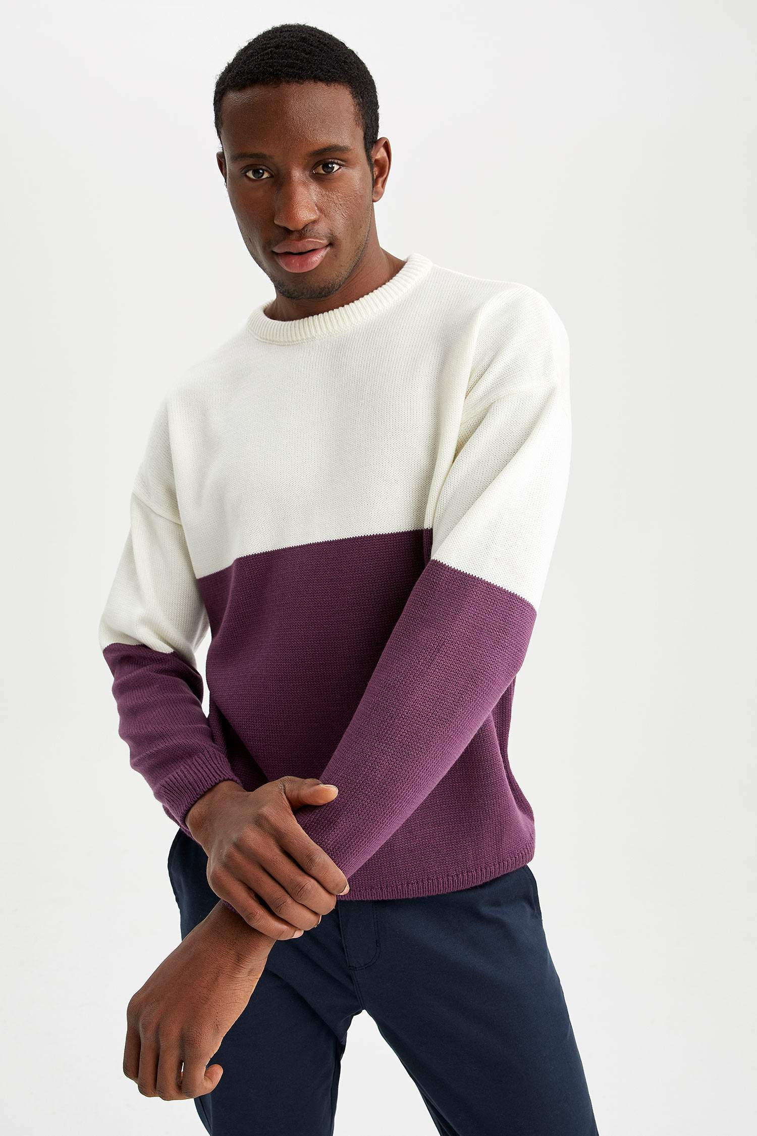 Oversize Fit Bisiklet Yaka Renk Bloklu Triko Kazak