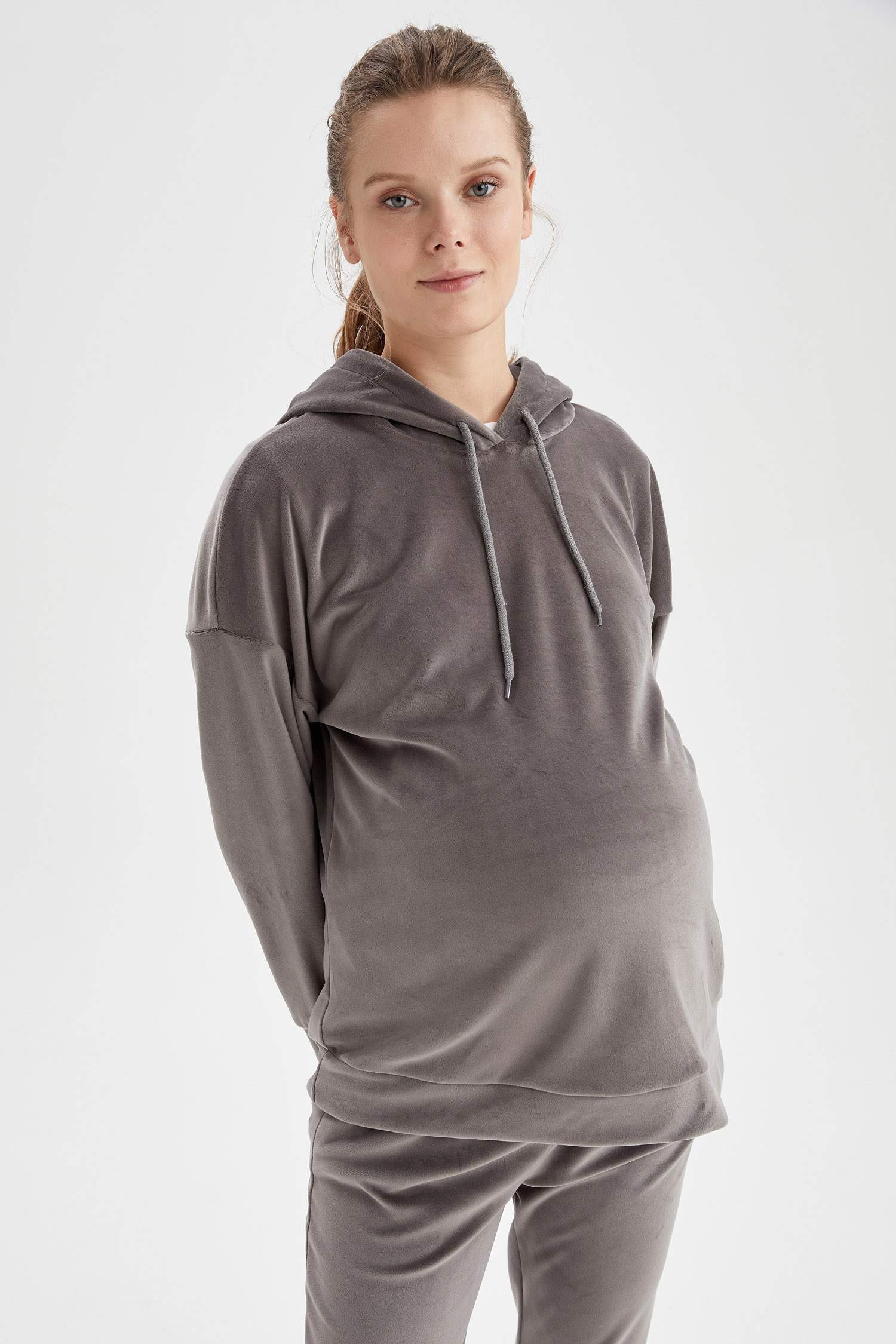 Kapüşonlu Hamile Comfort Fit Kadife Sweatshirt