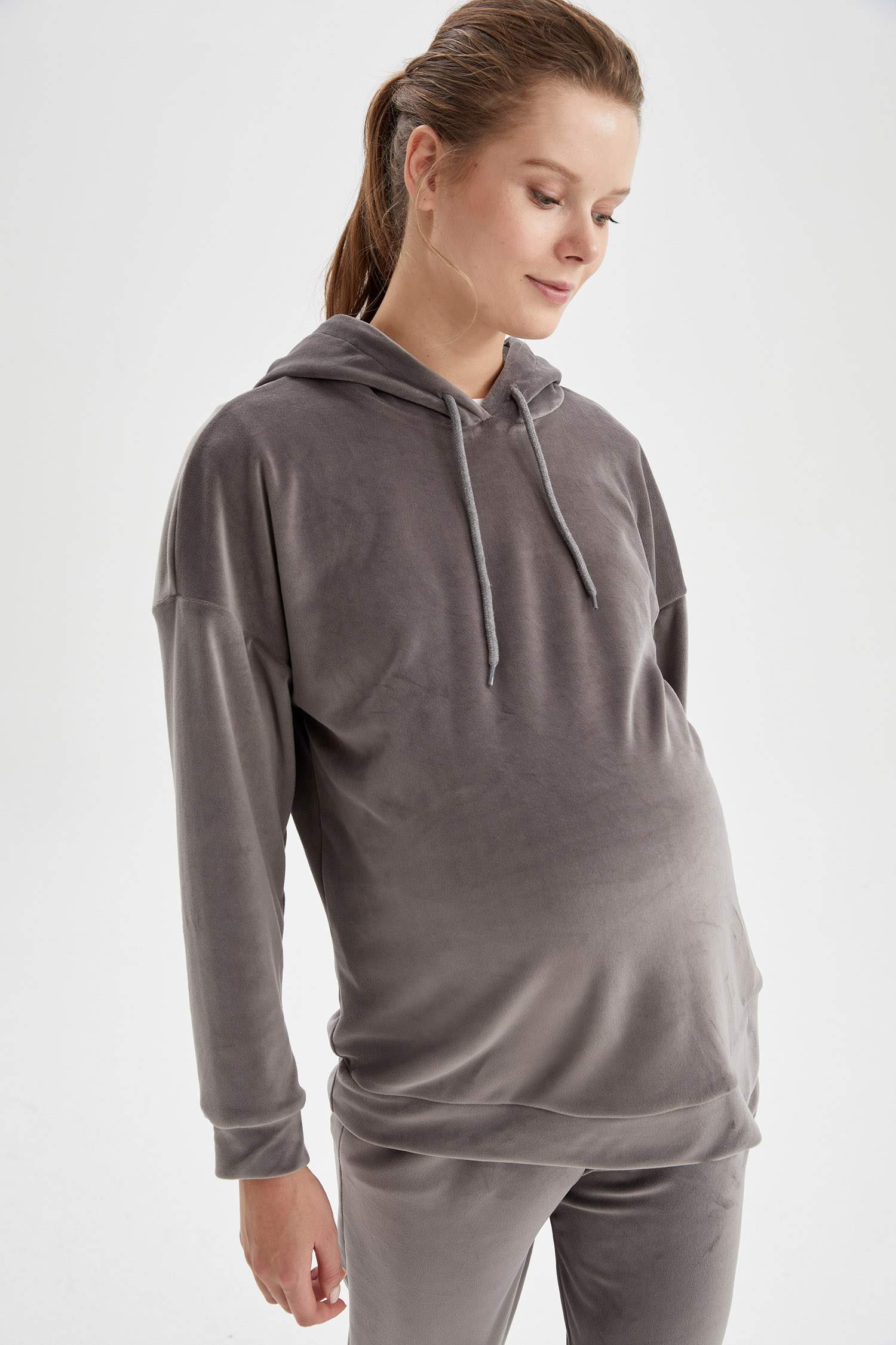 Kapüşonlu Hamile Comfort Fit Kadife Sweatshirt