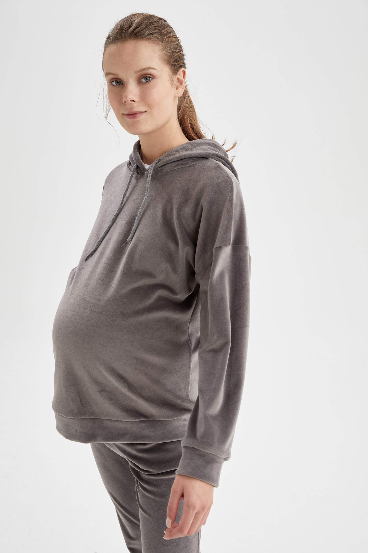 Kapüşonlu Hamile Comfort Fit Kadife Sweatshirt