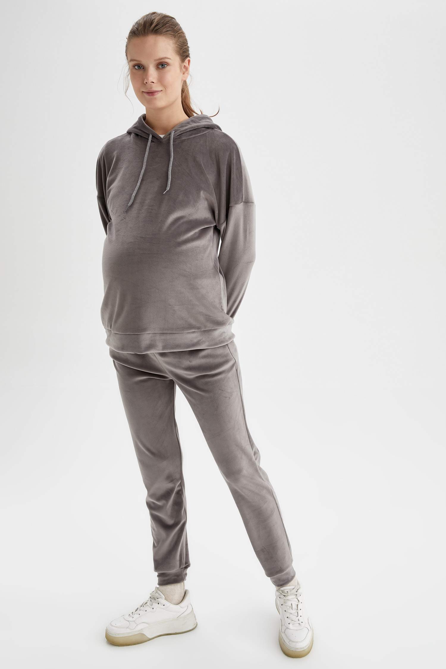Kapüşonlu Hamile Comfort Fit Kadife Sweatshirt