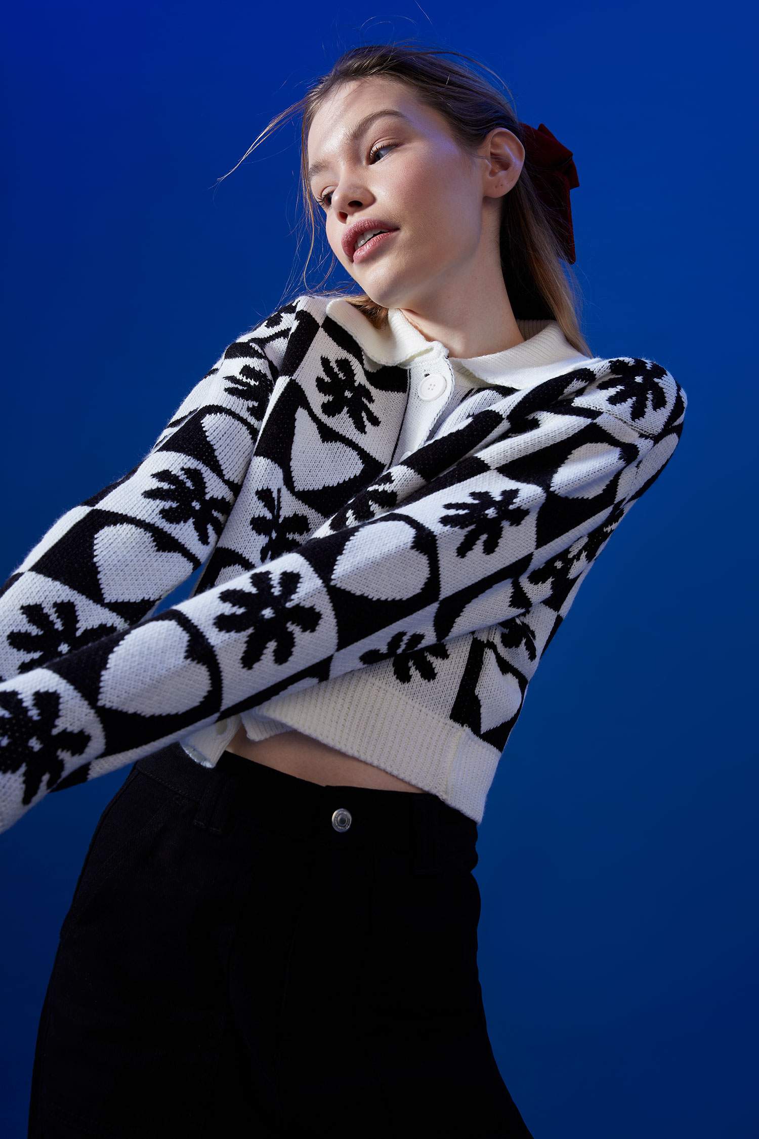 Coool Crop Polo Yaka Kalp Desenli Düğmeli Uzun Kollu Triko Hırka