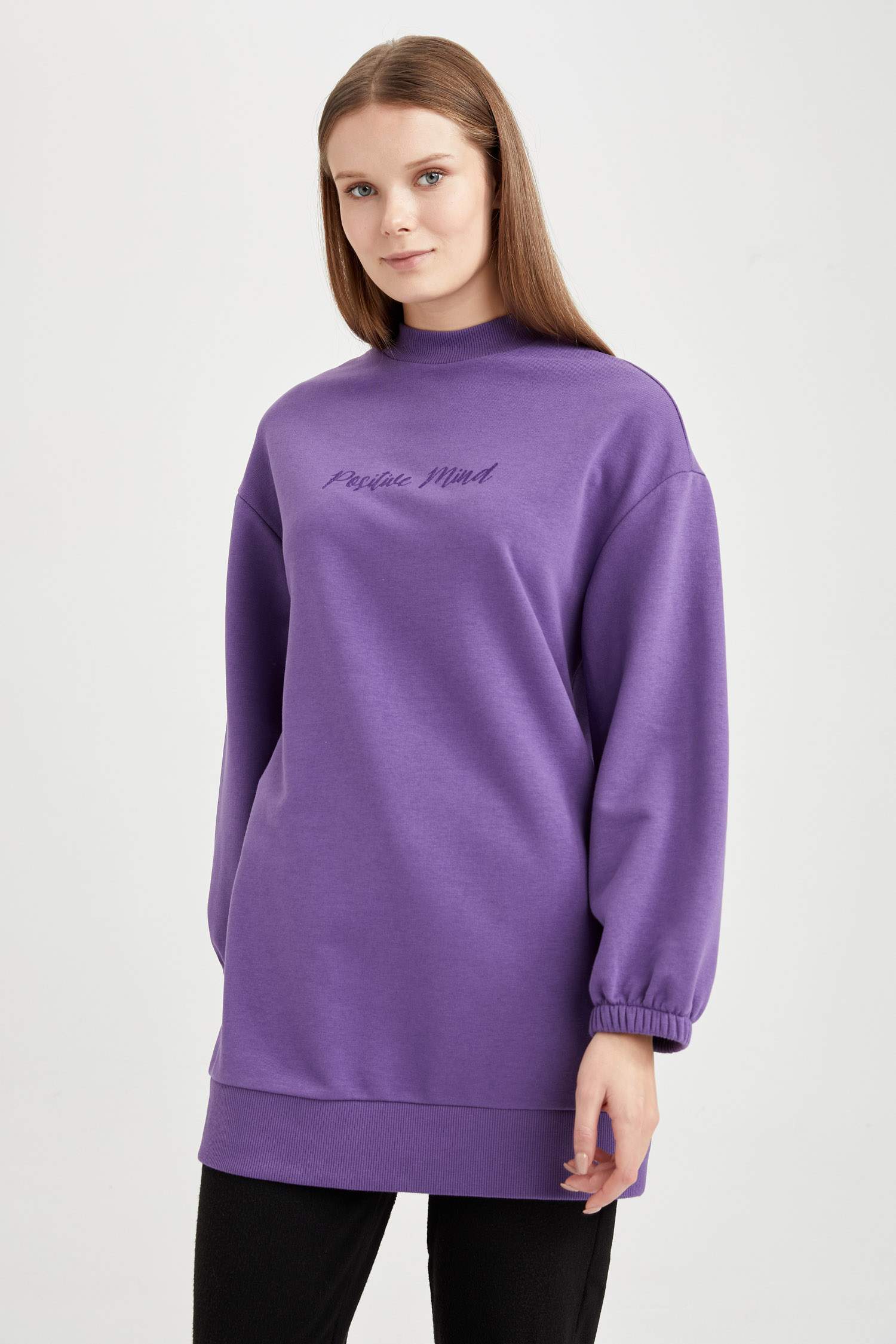 Oversize Fit Yarım Balıkçı Yaka Baskılı Sweatshirt Tunik