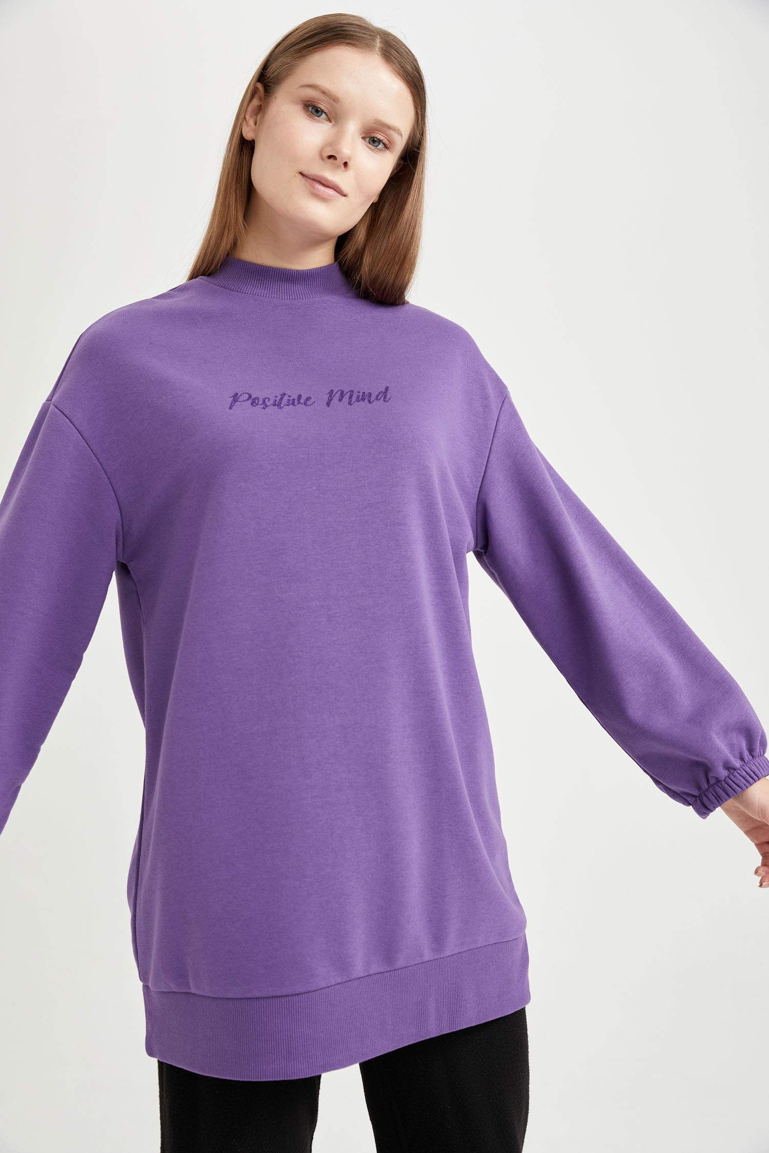 Oversize Fit Yarım Balıkçı Yaka Baskılı Sweatshirt Tunik