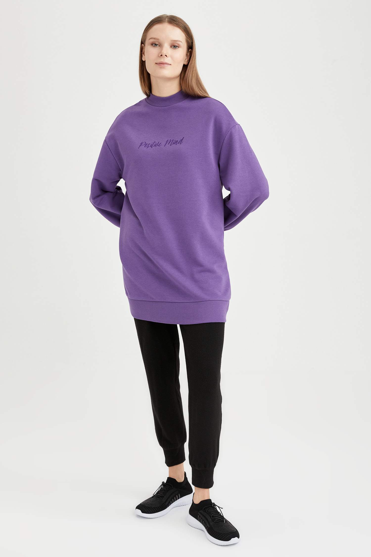 Oversize Fit Yarım Balıkçı Yaka Baskılı Sweatshirt Tunik