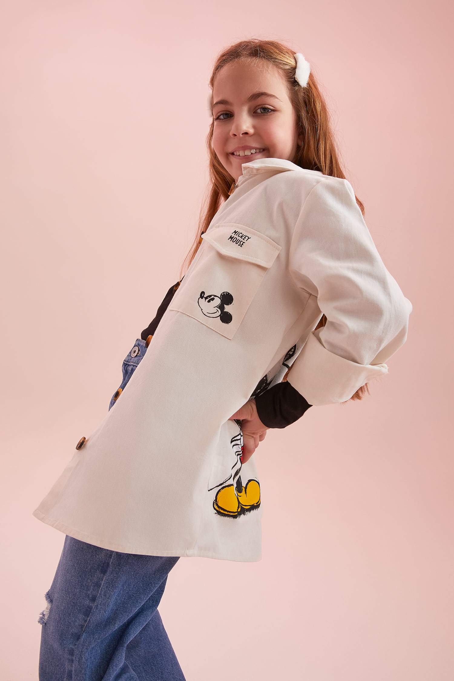Kız Çocuk Disney Mickey & Minnie Lisanslı Relax Fit Pamuklu Uzun Kollu Gömlek
