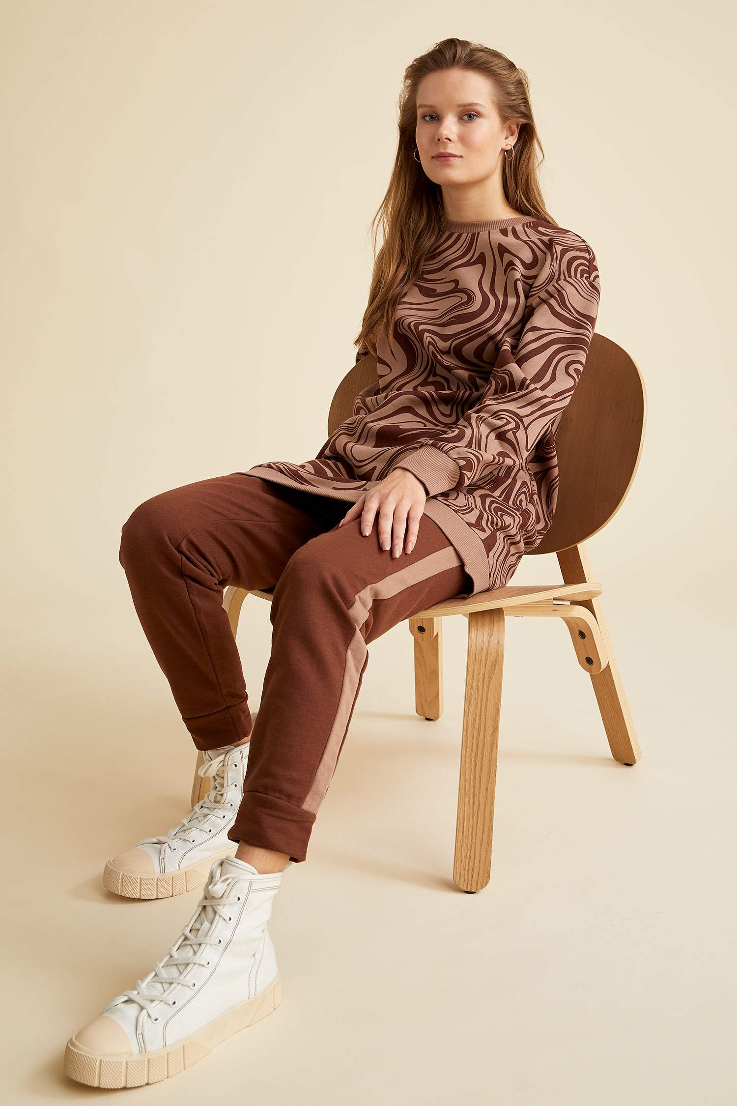 Oversize Fit Baskılı Bisiklet Yaka İnce Sweatshirt Kumaşı Sweatshirt Tunik