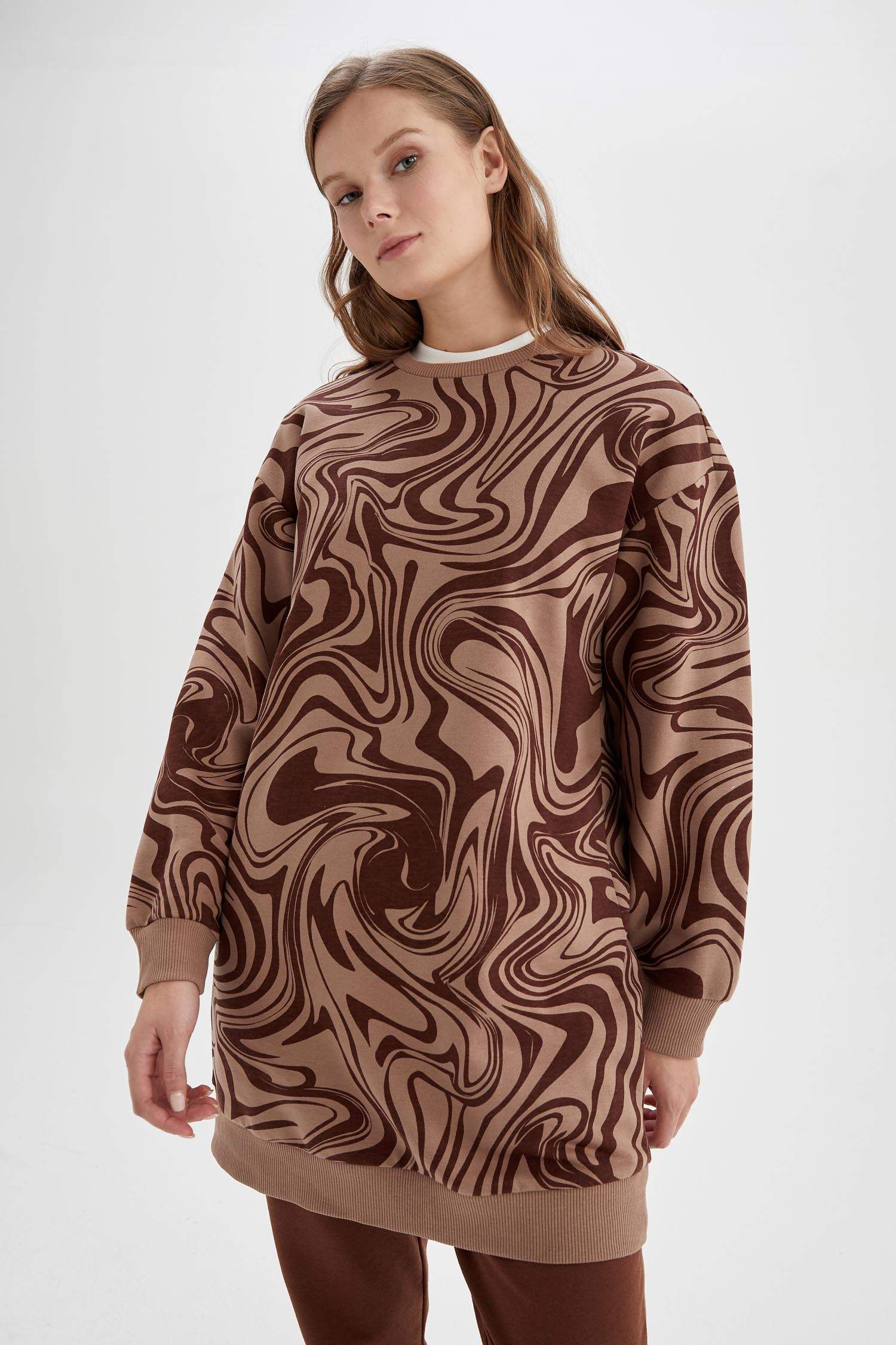 Oversize Fit Baskılı Bisiklet Yaka İnce Sweatshirt Kumaşı Sweatshirt Tunik