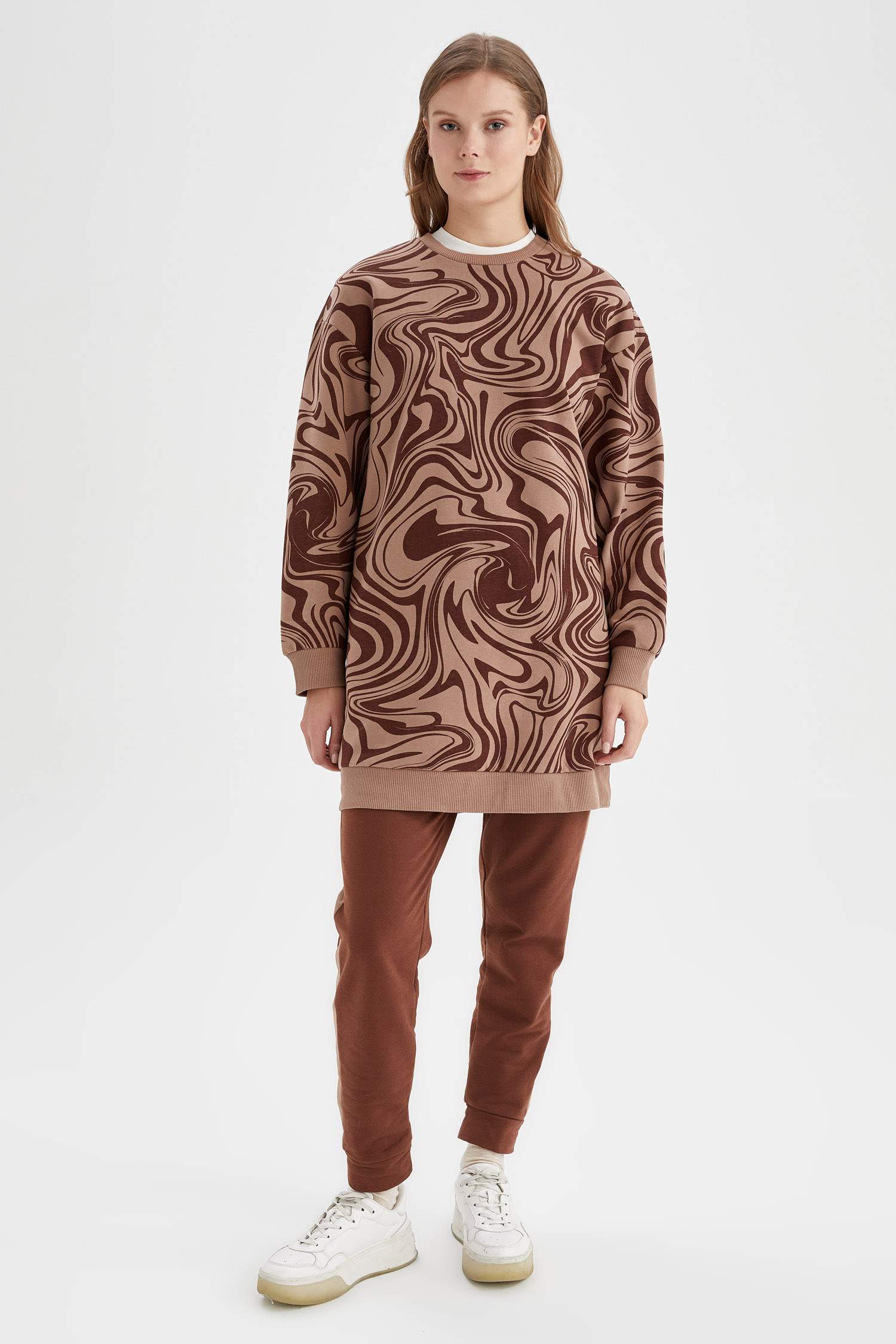 Oversize Fit Baskılı Bisiklet Yaka İnce Sweatshirt Kumaşı Sweatshirt Tunik