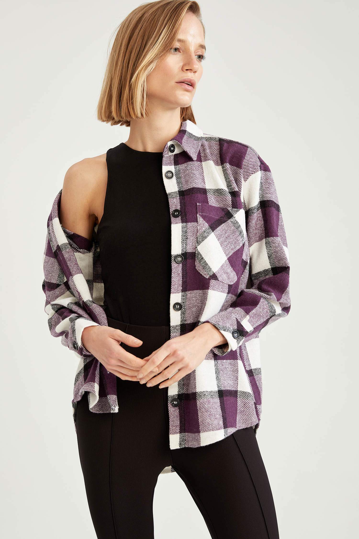 Retro Ekoseli Oversize Fit Cep Detaylı Flanel Oduncu Gömlek