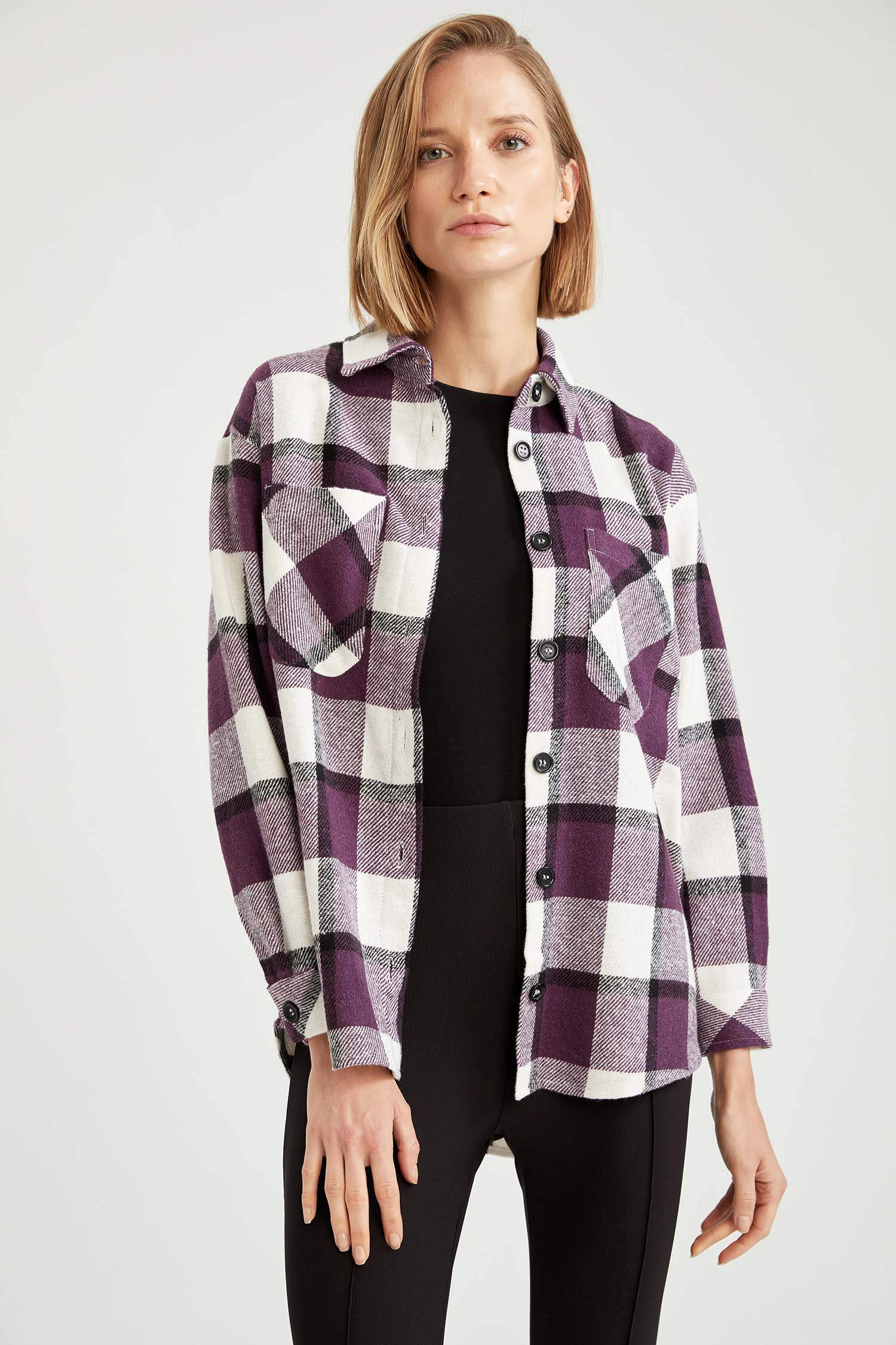 Retro Ekoseli Oversize Fit Cep Detaylı Flanel Oduncu Gömlek