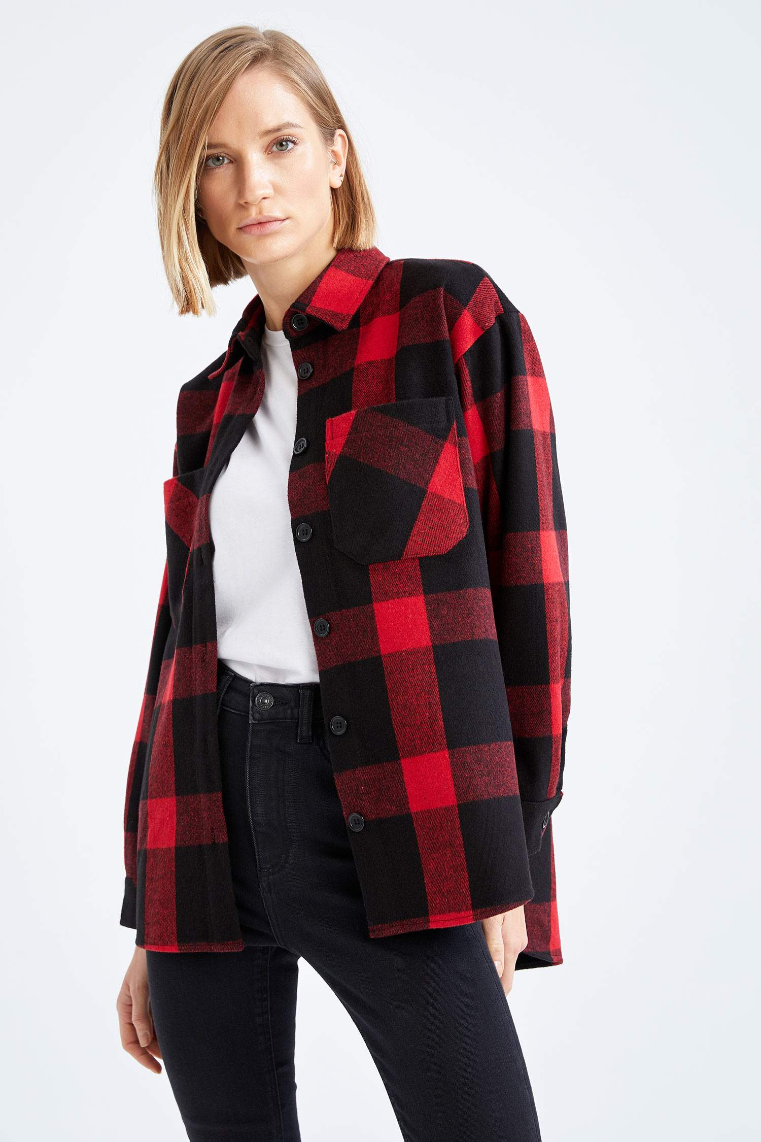 Retro Ekoseli Oversize Fit Cep Detaylı Flanel Oduncu Gömlek