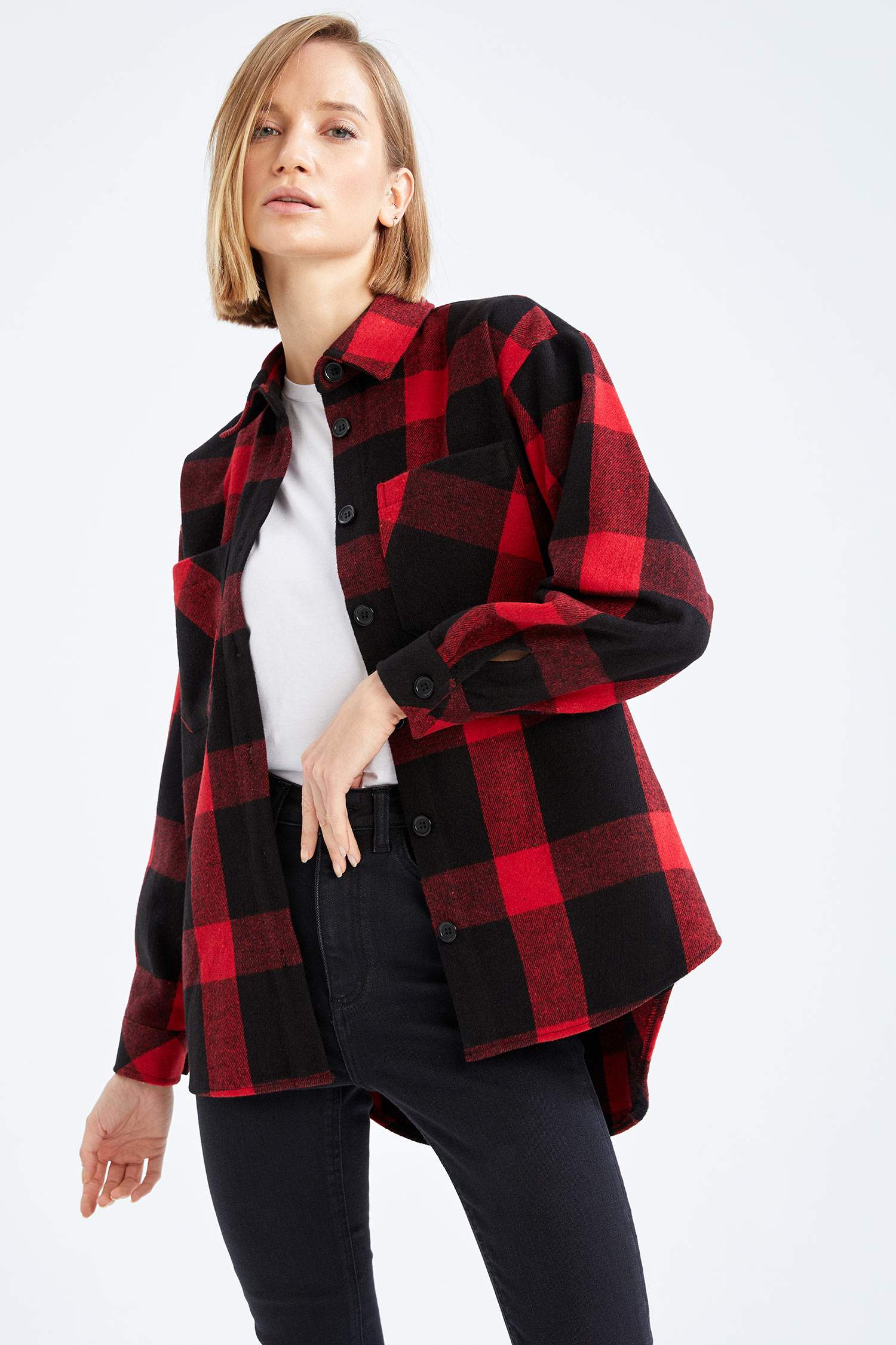 Retro Ekoseli Oversize Fit Cep Detaylı Flanel Oduncu Gömlek