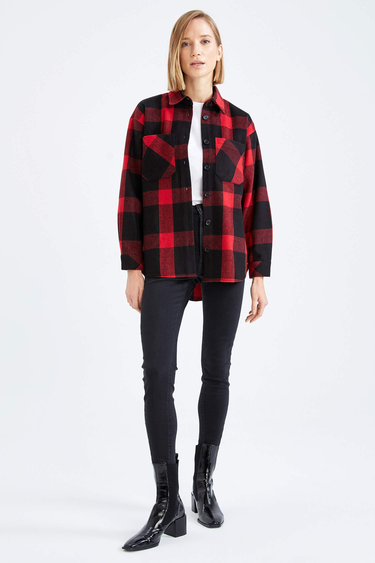 Retro Ekoseli Oversize Fit Cep Detaylı Flanel Oduncu Gömlek