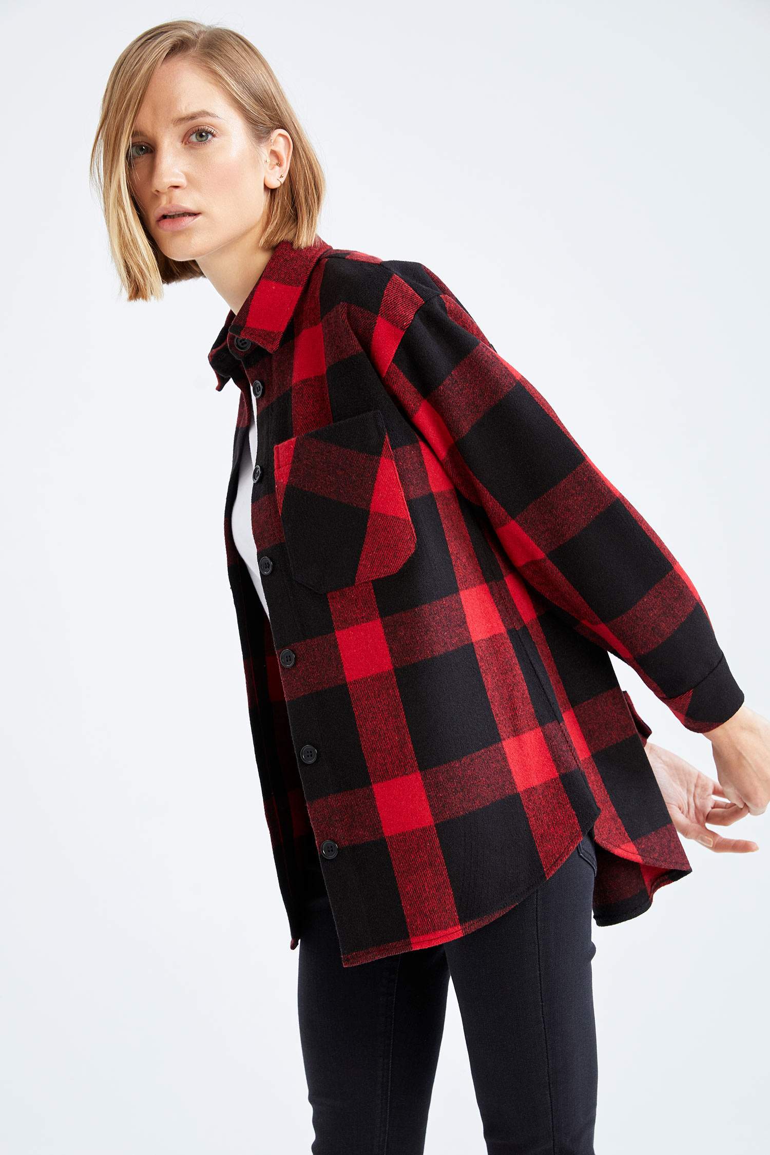 Retro Ekoseli Oversize Fit Cep Detaylı Flanel Oduncu Gömlek
