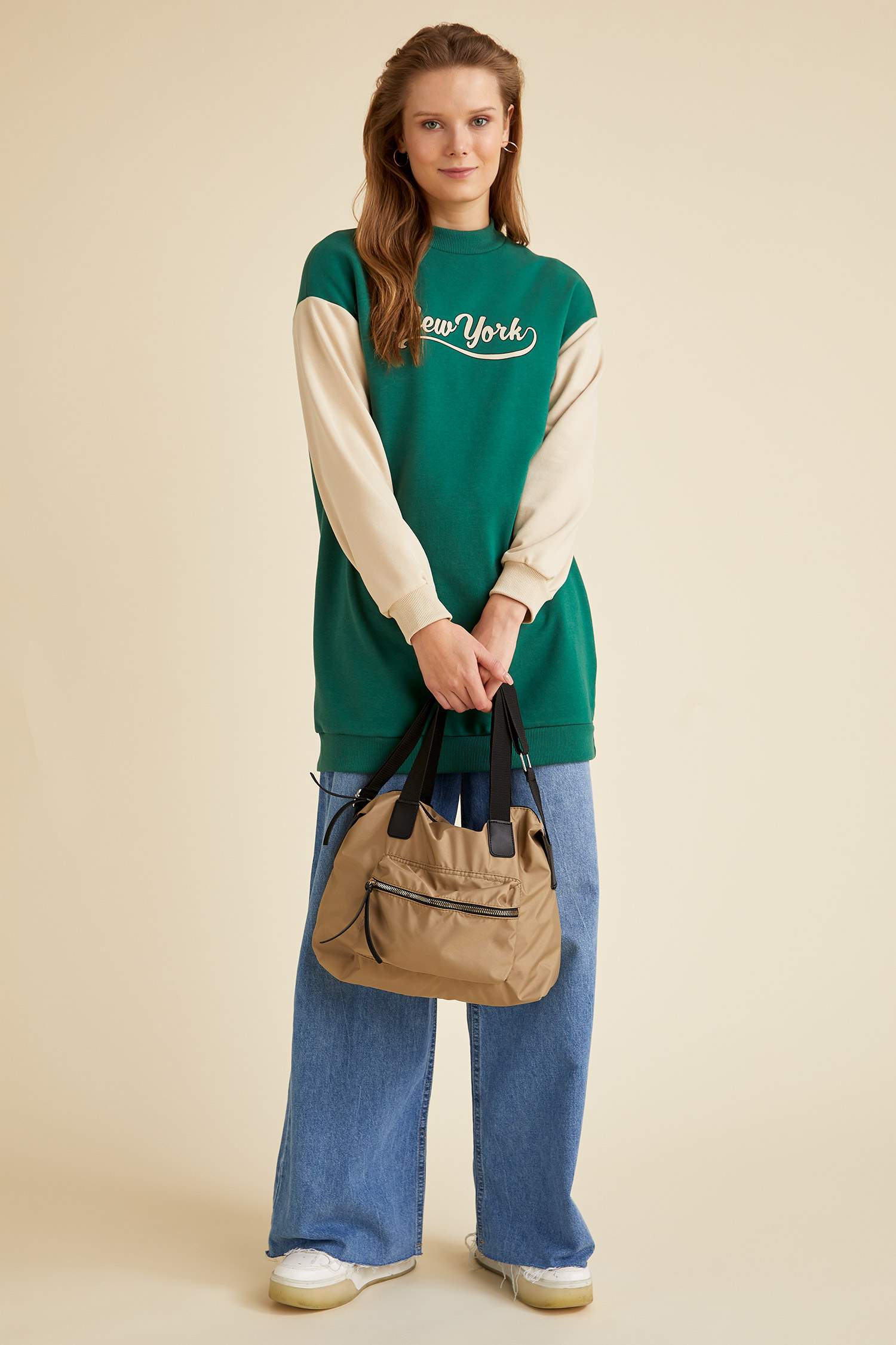 Oversize Fit Baskılı Yarım Balıkçı Yaka Renk Bloklu Kalın Sweatshirt Kumaşı Sweatshirt Tunik