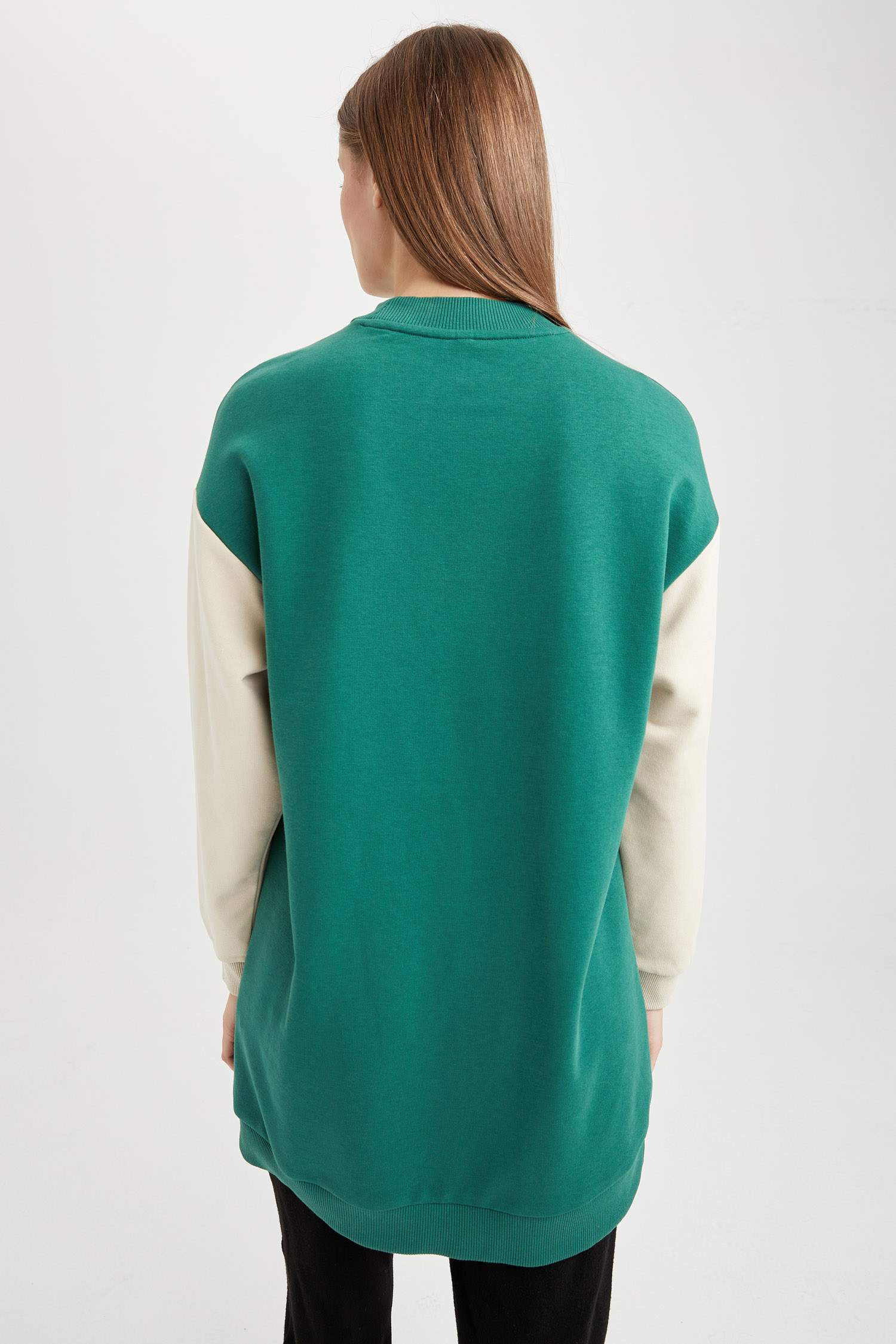 Oversize Fit Baskılı Yarım Balıkçı Yaka Renk Bloklu Kalın Sweatshirt Kumaşı Sweatshirt Tunik