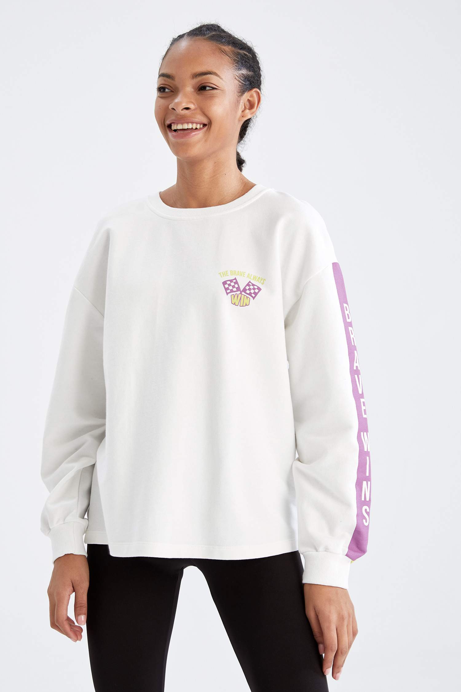 Defacto Fit Slogan Baskılı Uzun Kollu Crop Tişört