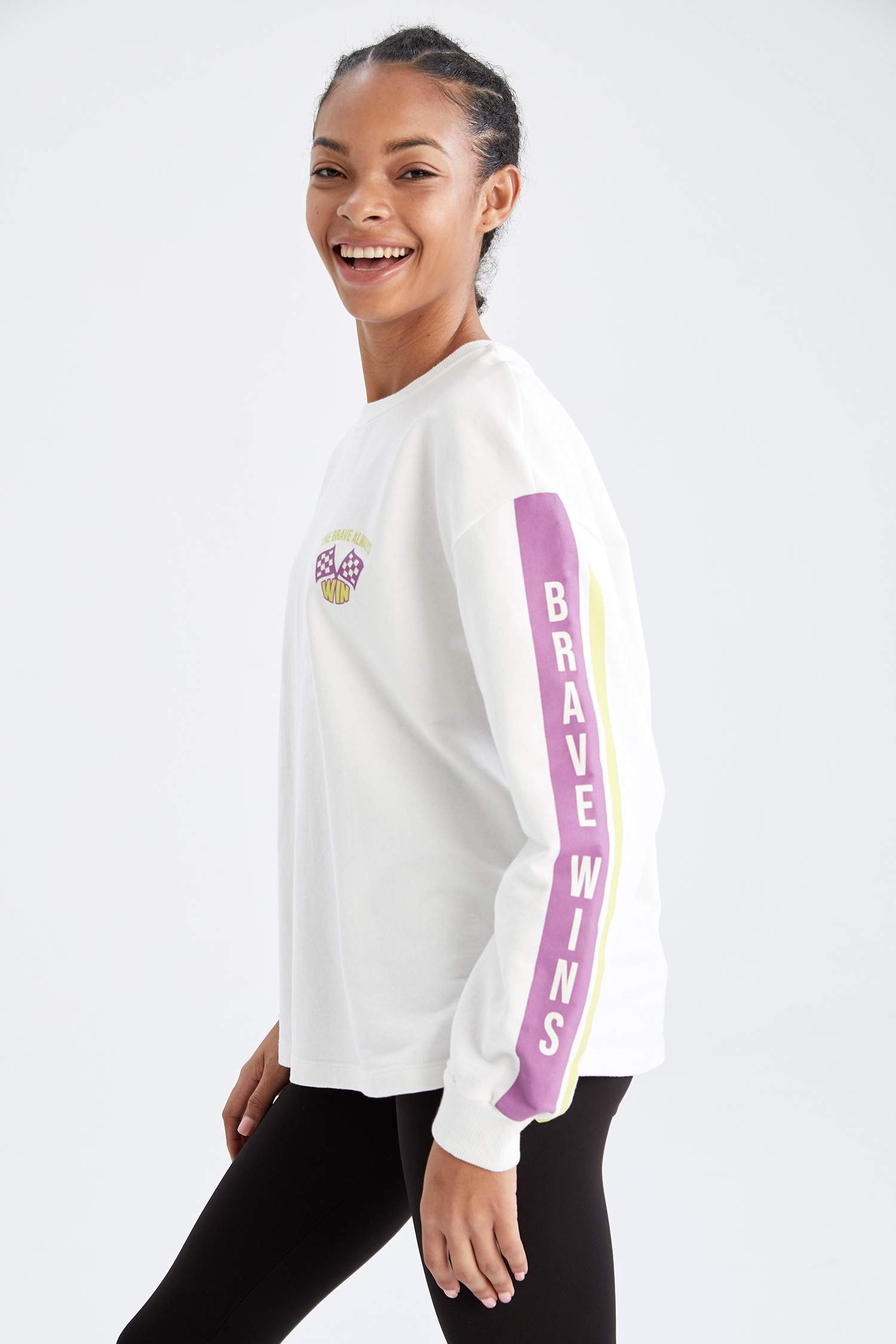 Defacto Fit Slogan Baskılı Uzun Kollu Crop Tişört
