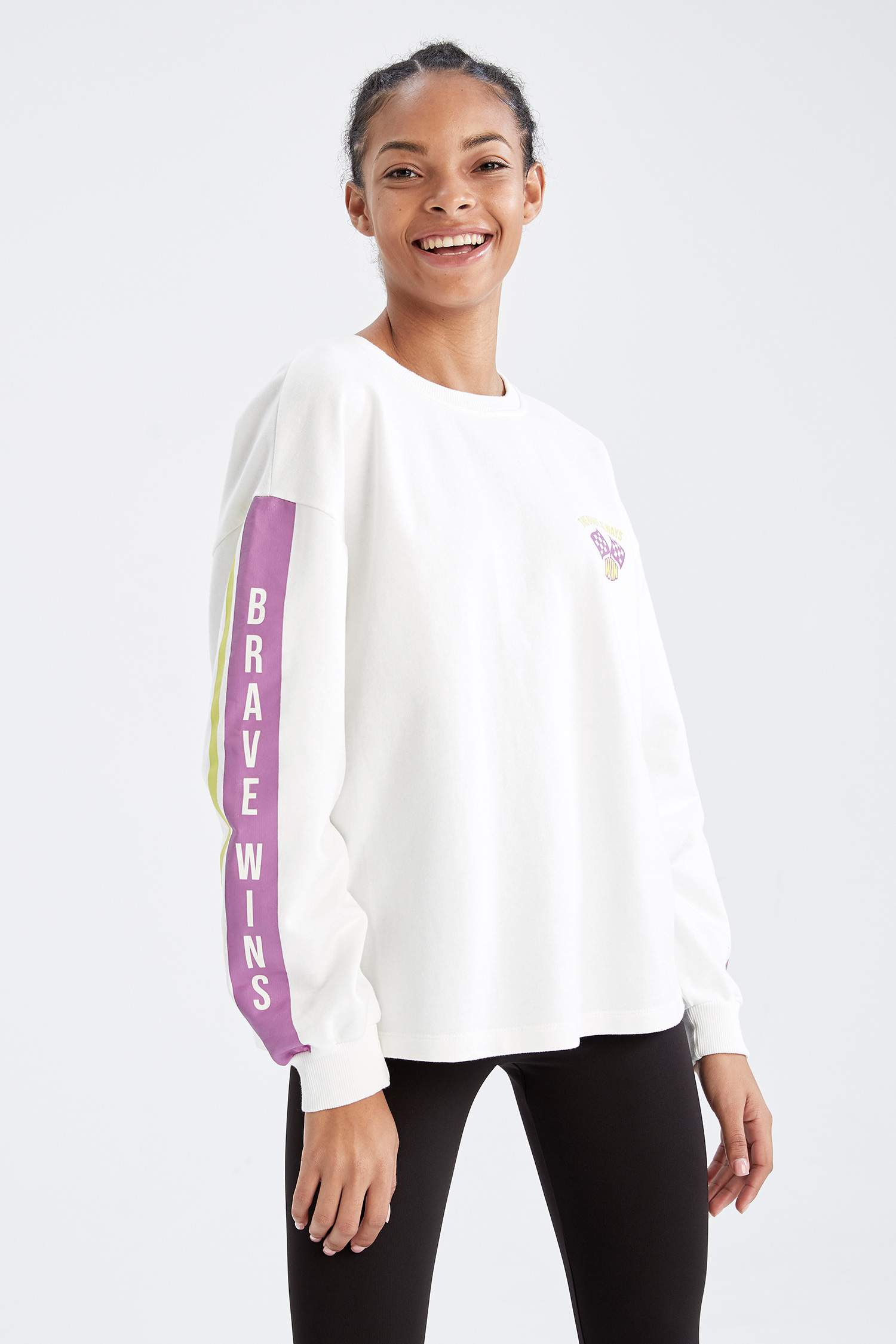 Defacto Fit Slogan Baskılı Uzun Kollu Crop Tişört
