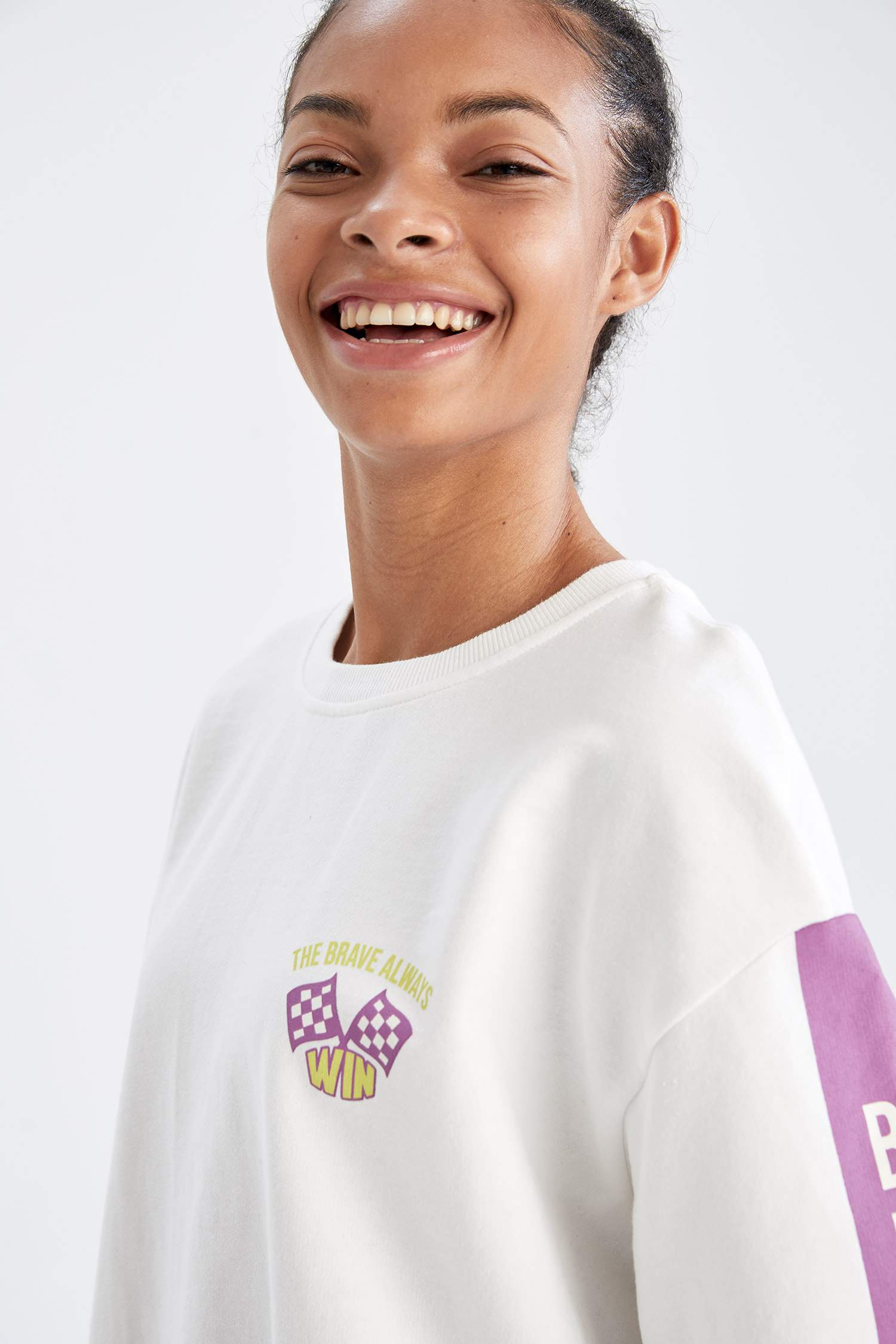 Defacto Fit Slogan Baskılı Uzun Kollu Crop Tişört