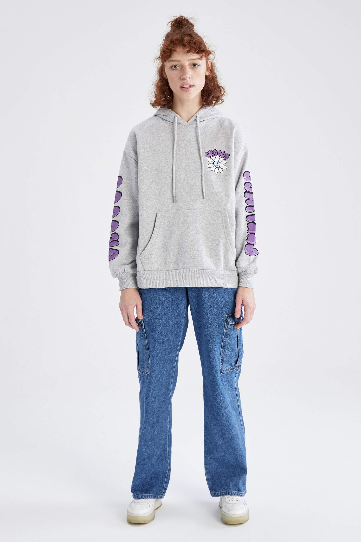 Coool Oversize Fit Kapüşonlu Çiçek Desenli Uzun Kollu Sweatshirt