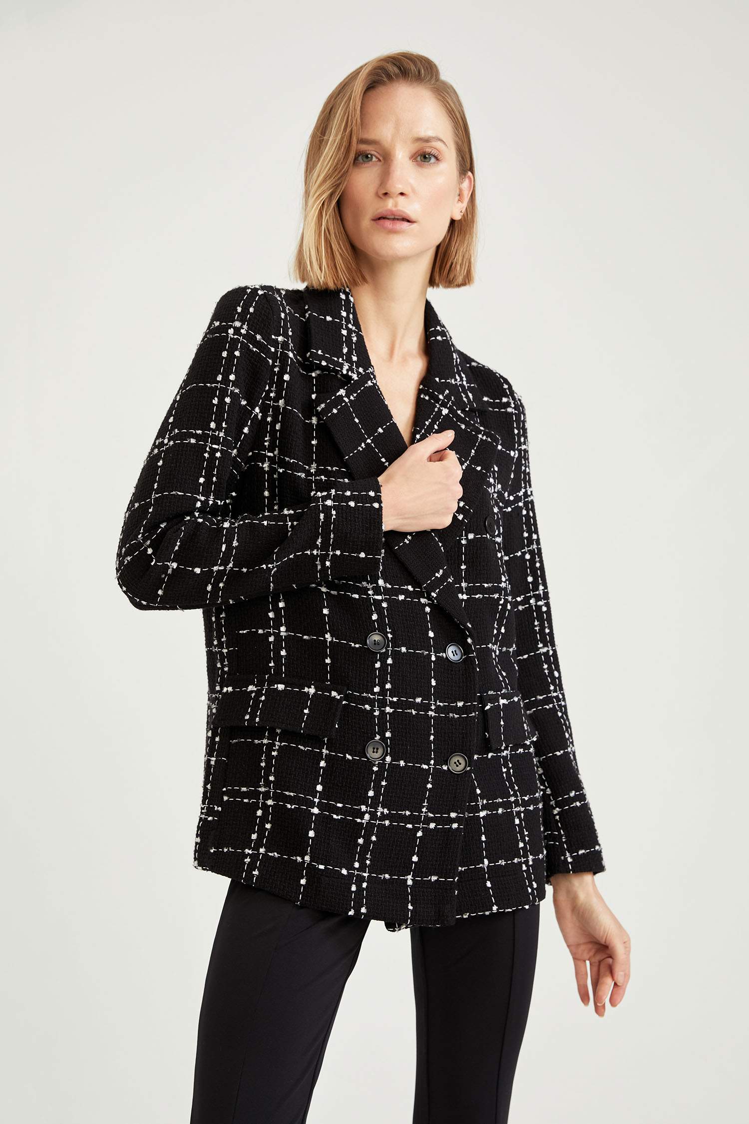 Kareli Fleto Cepli Regular Fit Uzun Kollu Blazer Ceket