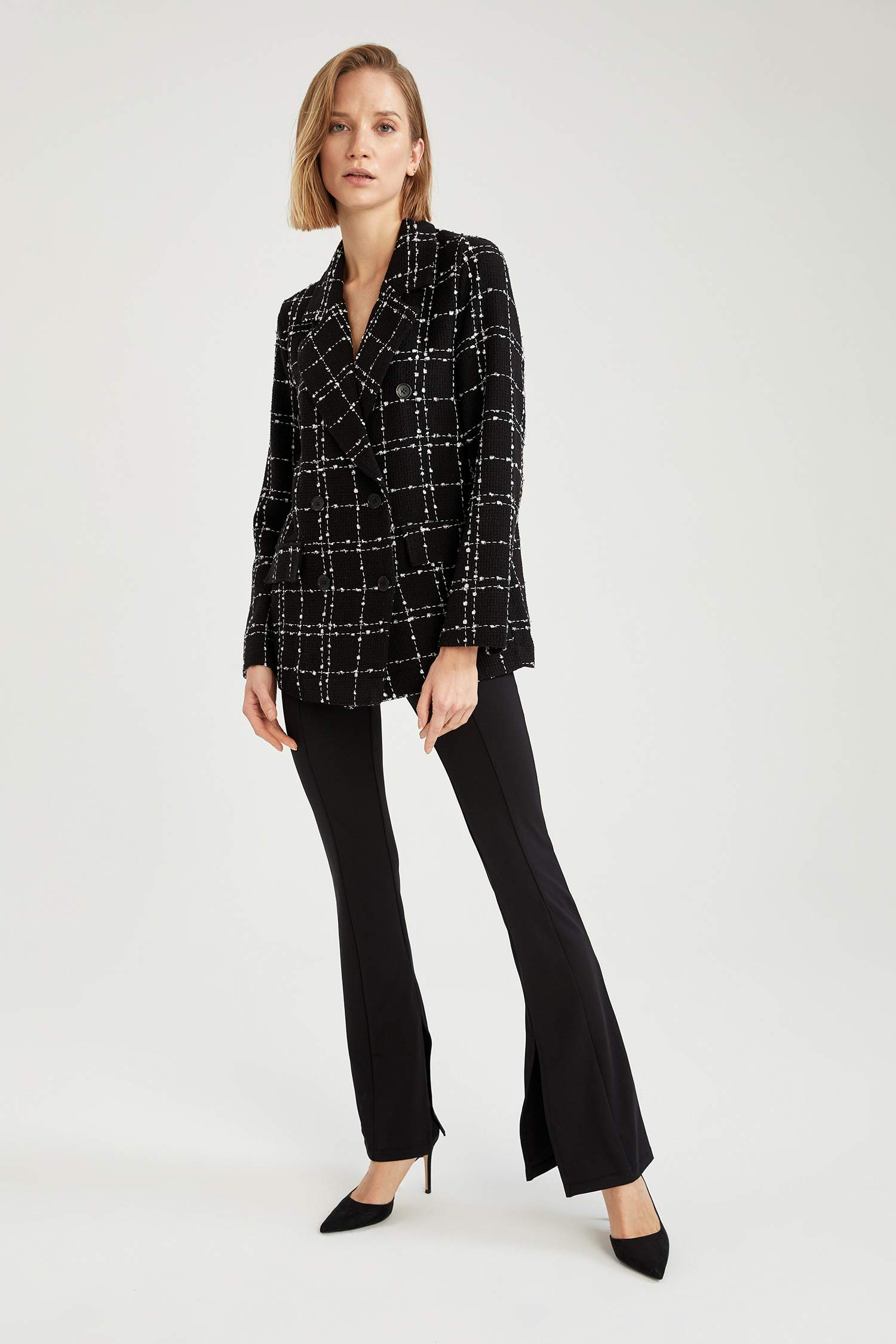 Kareli Fleto Cepli Regular Fit Uzun Kollu Blazer Ceket