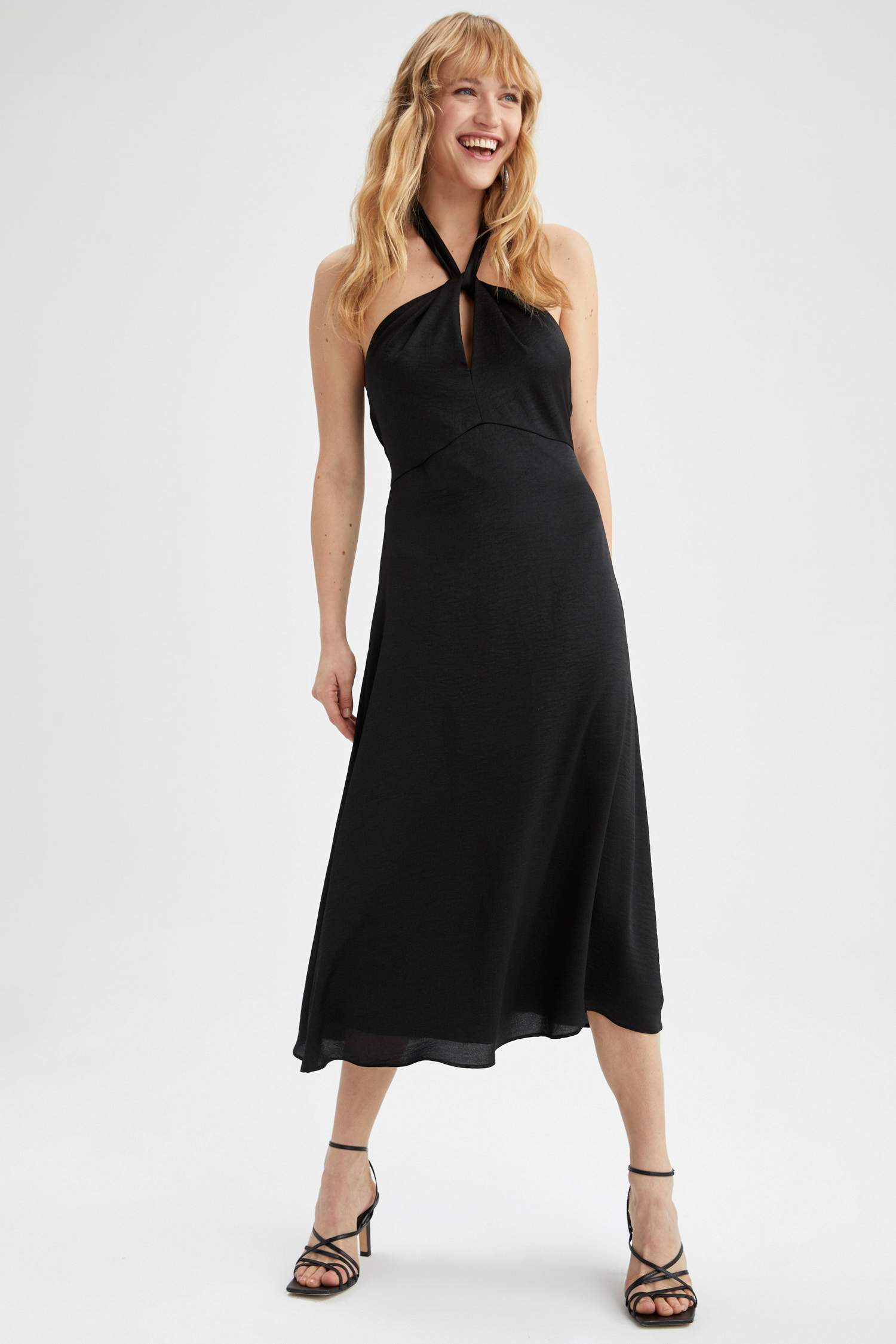 Bodycon Yılbaşı Temalı Boyundan Bağlamalı Saten Midi Elbise