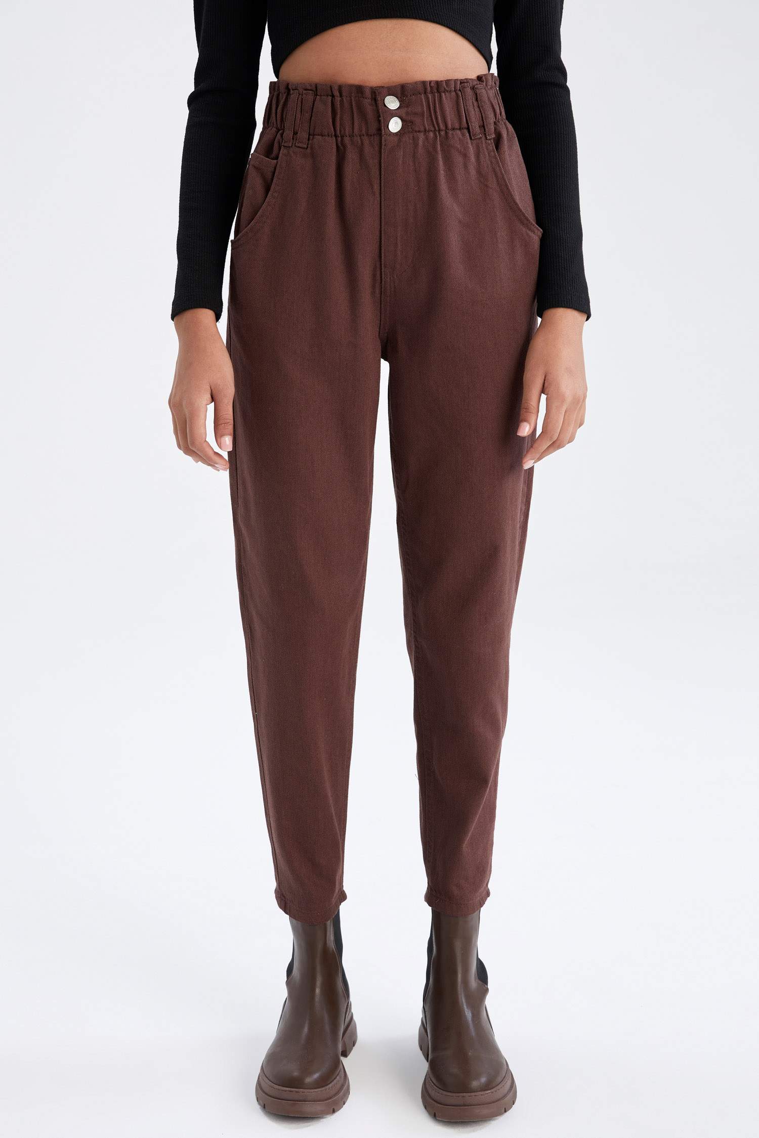 Slouchy Fit Paperbag Yüksek Bel Twill Pantolon