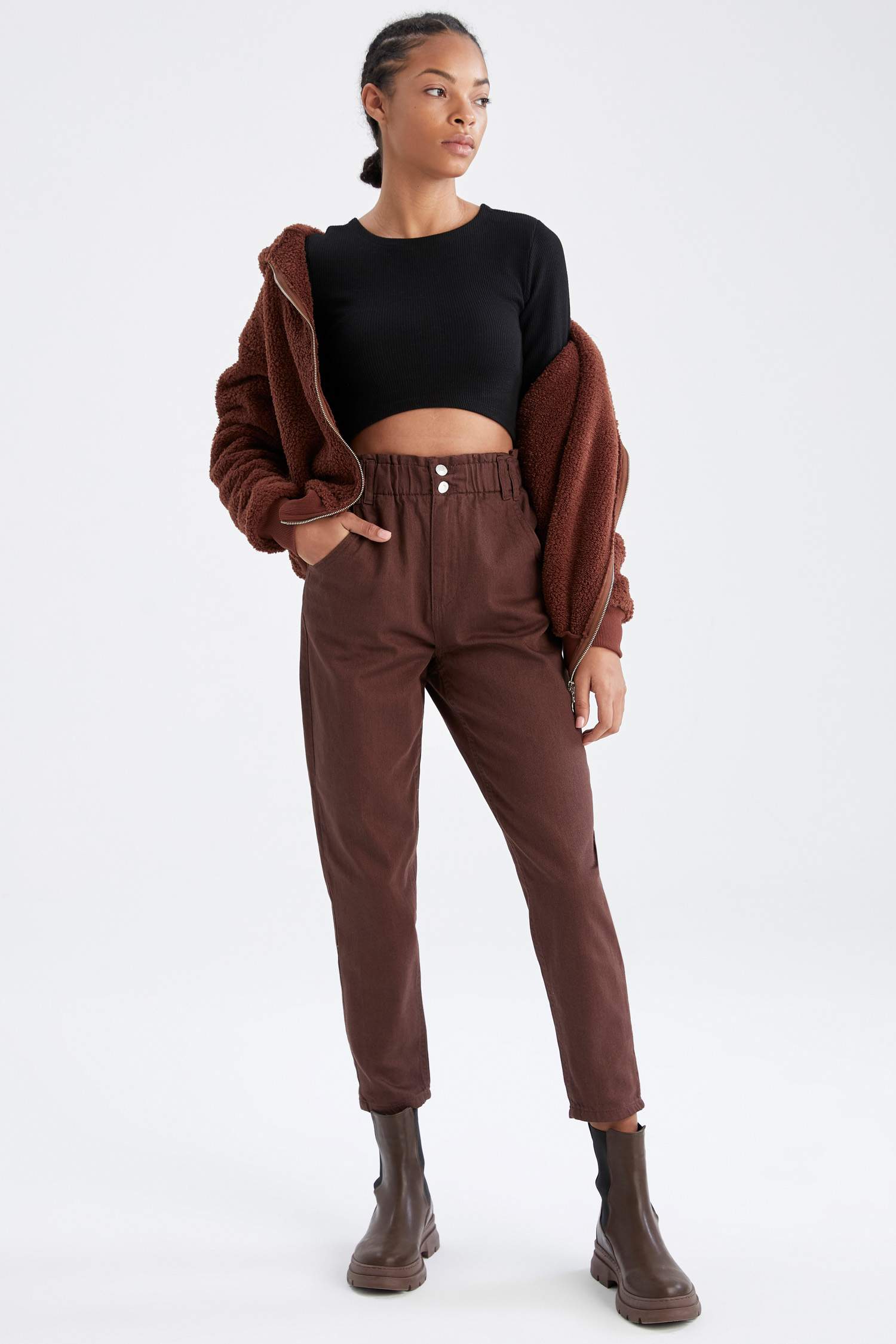 Slouchy Fit Paperbag Yüksek Bel Twill Pantolon