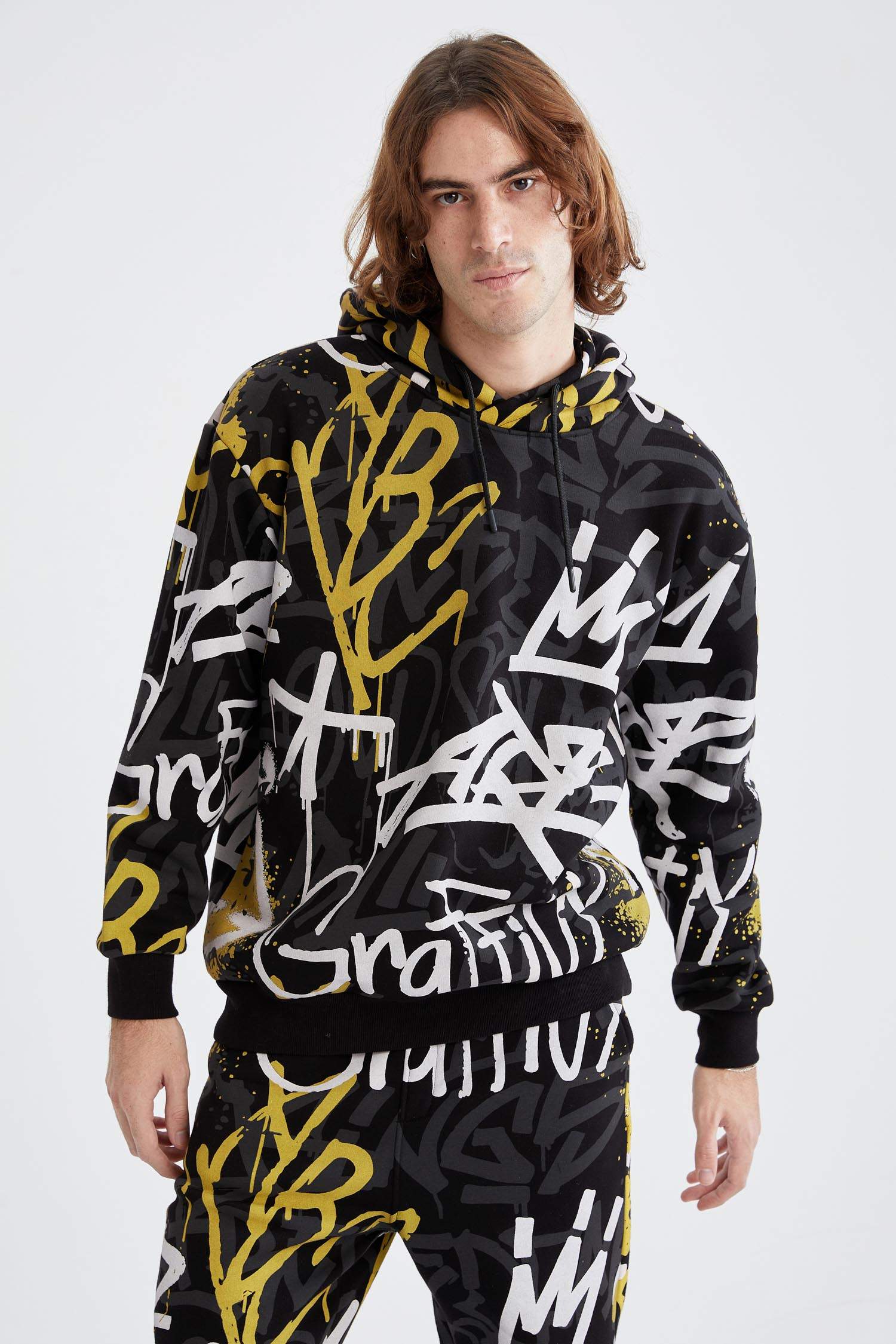 Oversize Fit Kapüşonlu Baskılı Uzun Kollu İçi Yumuşak Tüylü Sweatshirt